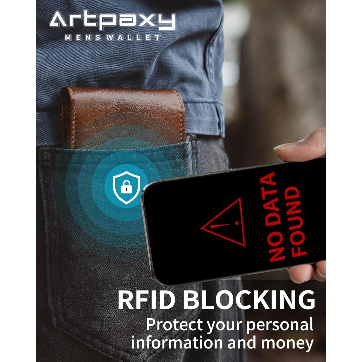 Cartera Bifold de Cuero Genuino Artpaxy con Bloqueo RFID