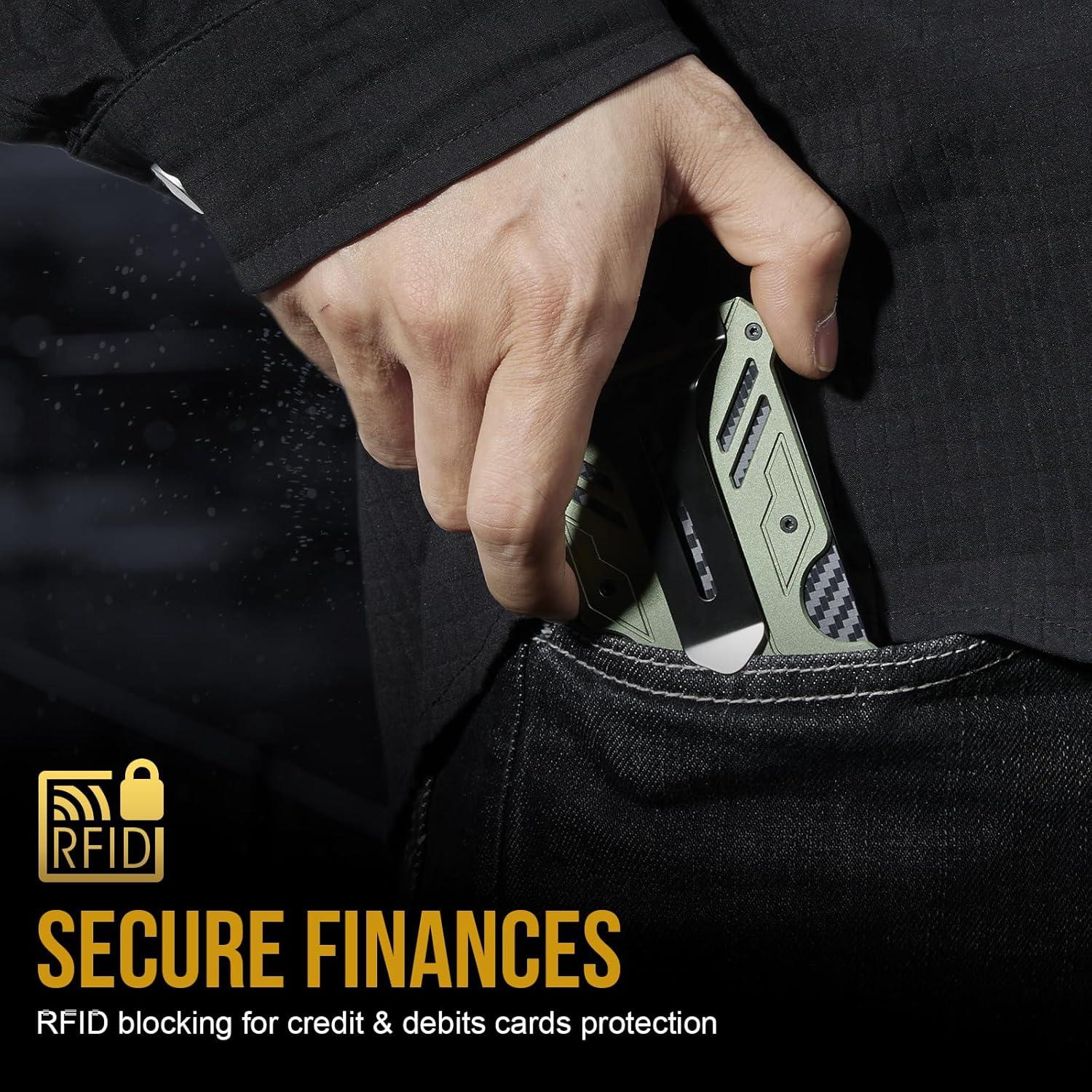 Cartera Táctica Minimalista RFID 1T Verde con Clip de Dinero