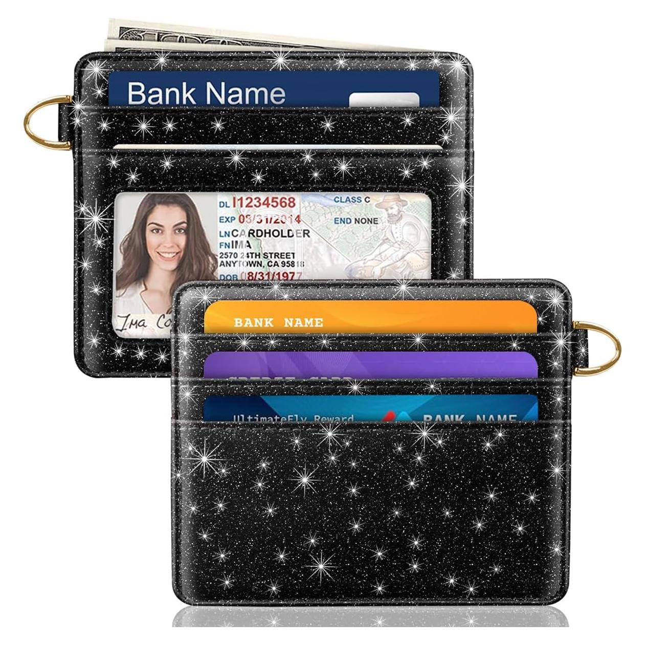 Billetera delgada RFID para mujeres - Negro brillante - 10.16x8.38 cm