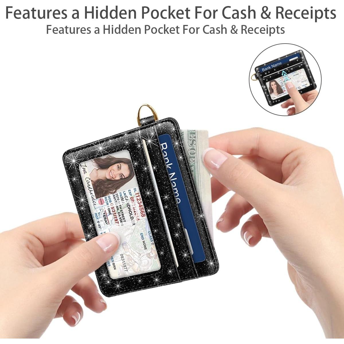 Billetera delgada RFID para mujeres - Negro brillante - 10.16x8.38 cm