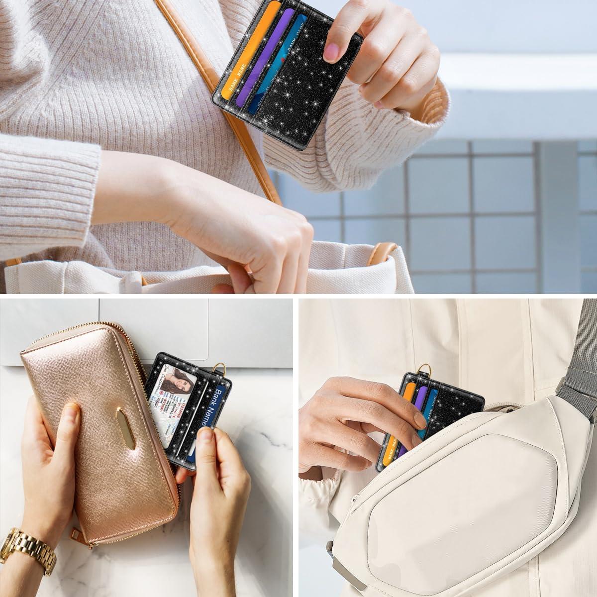 Billetera delgada RFID para mujeres - Negro brillante - 10.16x8.38 cm