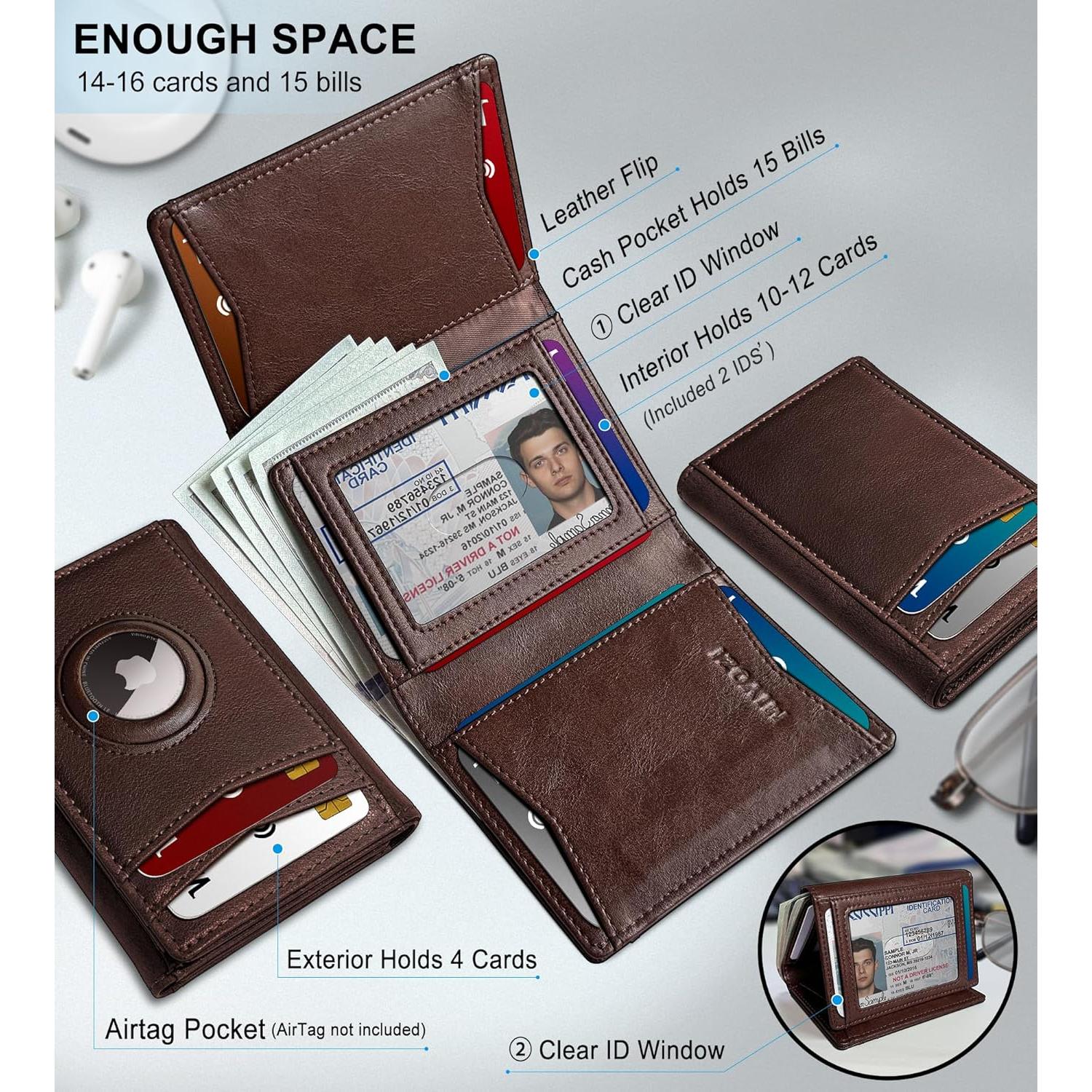 Billetera Airtag para hombres MIYOZI, cuero delgada, 14-16 tarjetas