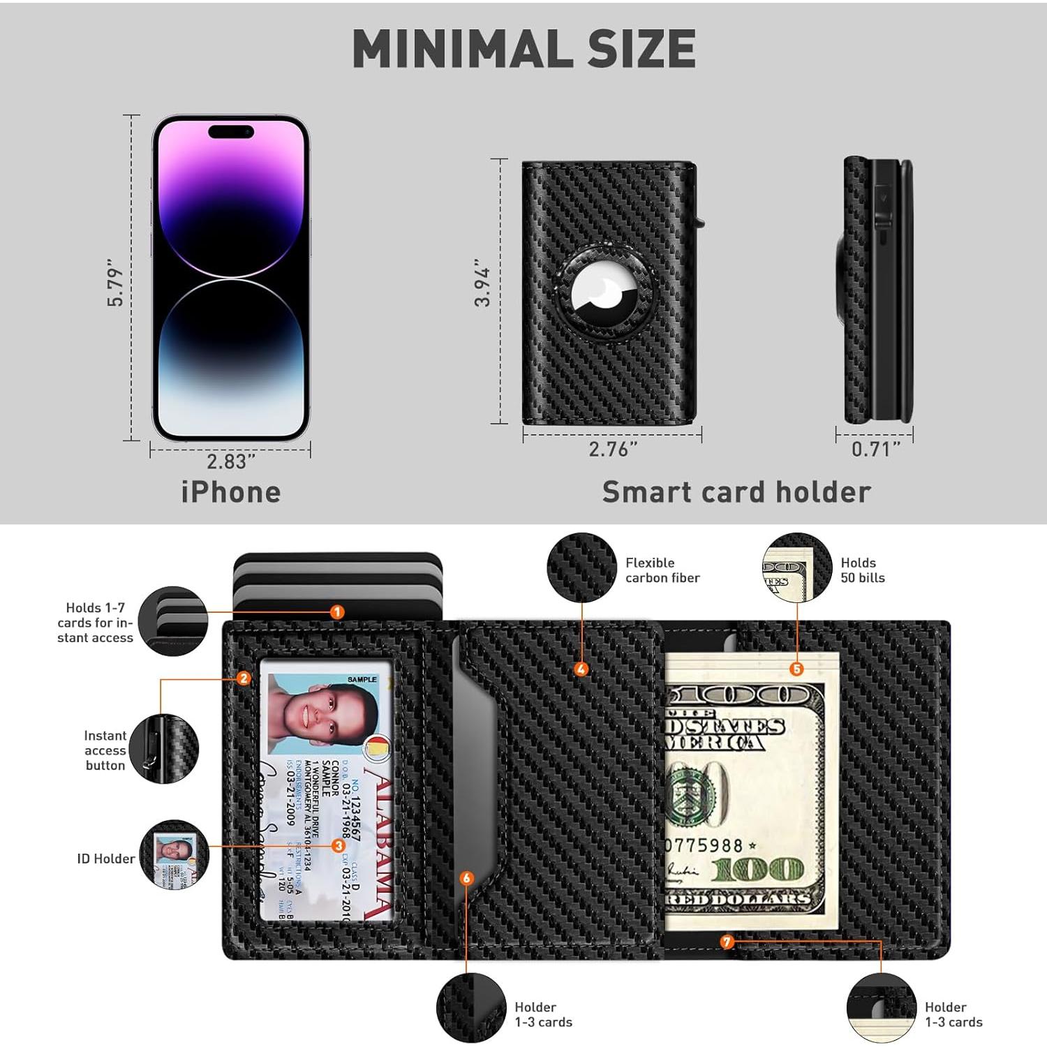 Billetera Minimalista para Hombres Ridge Carbono RFID 1-7 Tarjetas