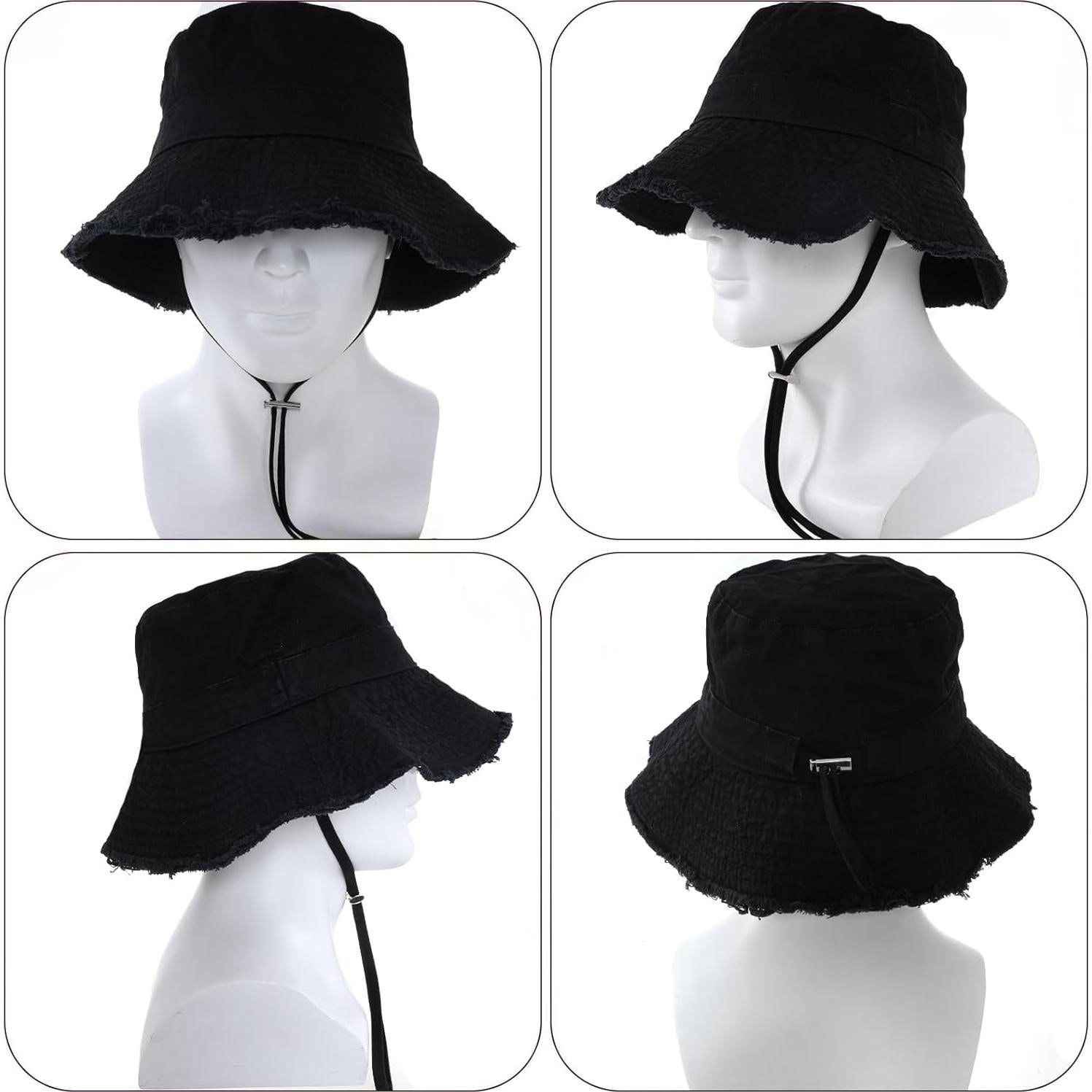 Sombrero Bucket de Algodón Negro Desflecado Unisex - Verano