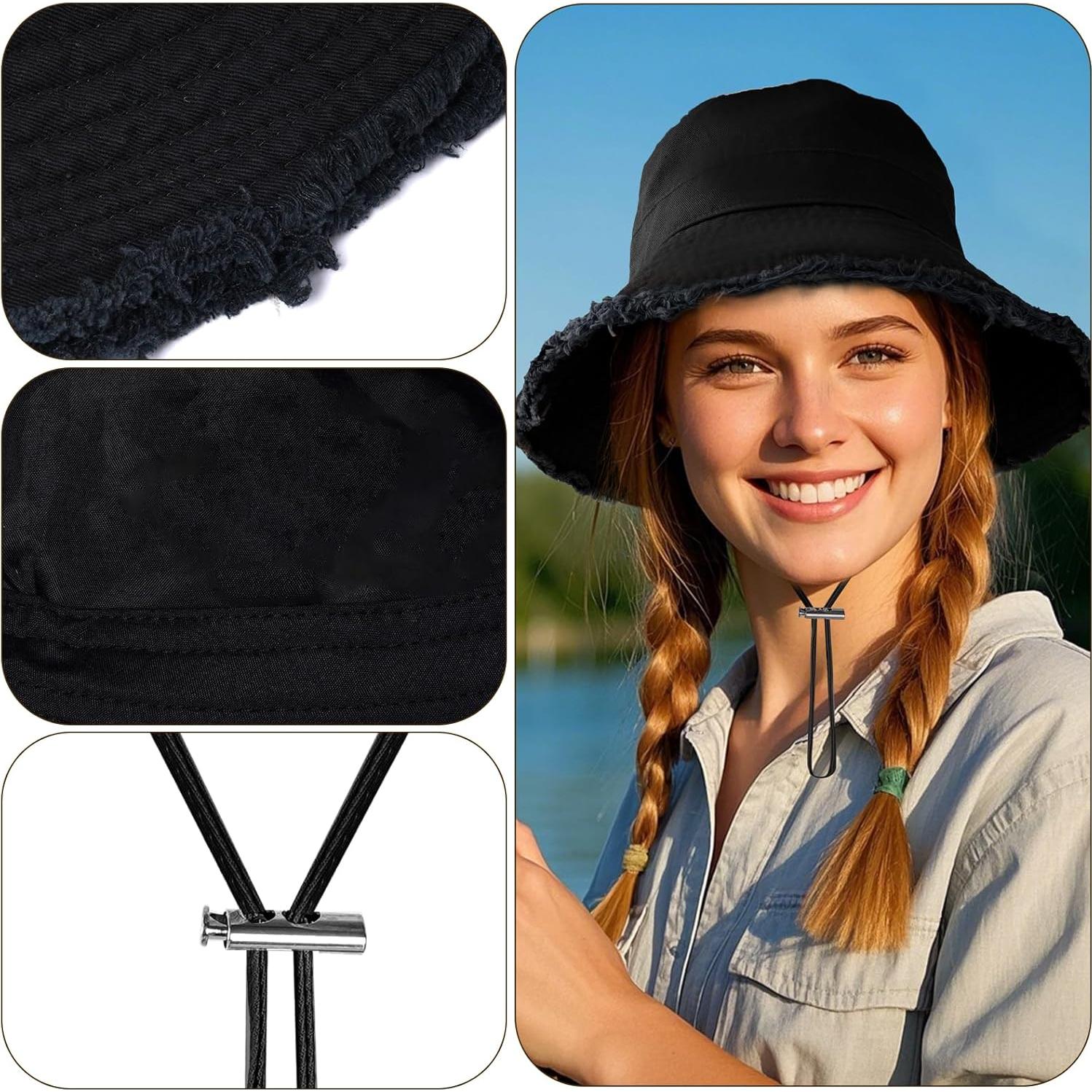 Sombrero Bucket de Algodón Negro Desflecado Unisex - Verano