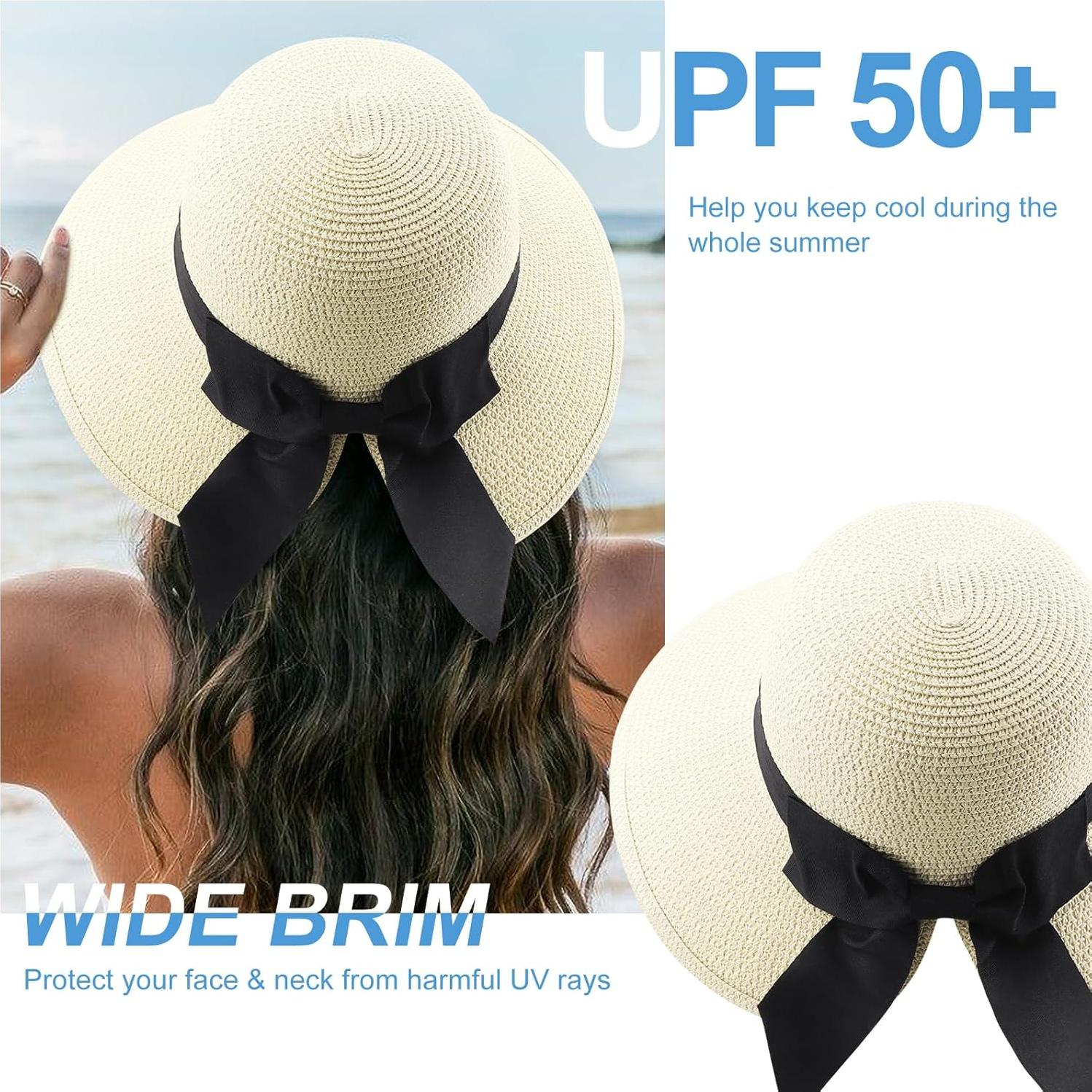 Sombrero de Sol DRESHOW para Mujeres Paja Plegable UPF 50+
