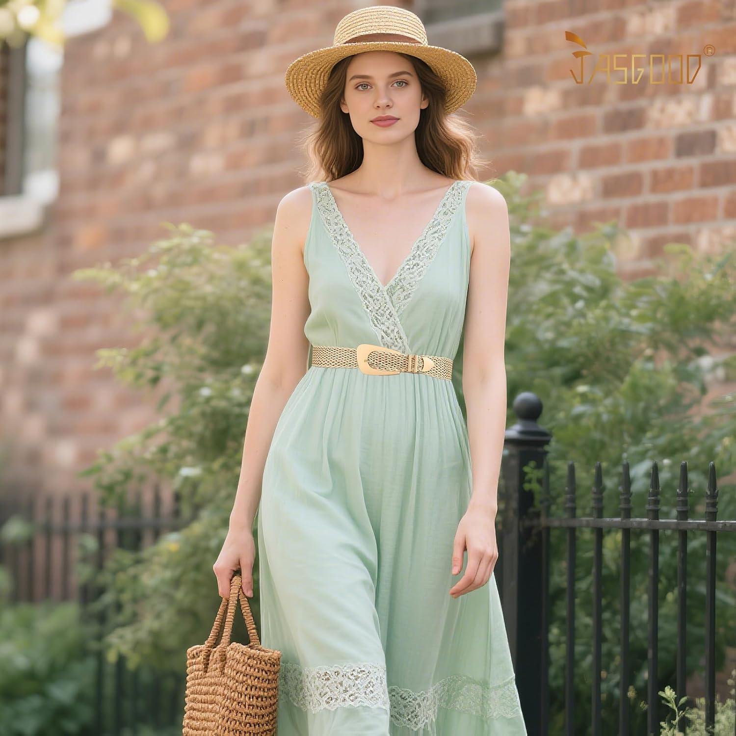 Cinturón trenzado boho JASGOOD de paja para mujeres 76.2 cm