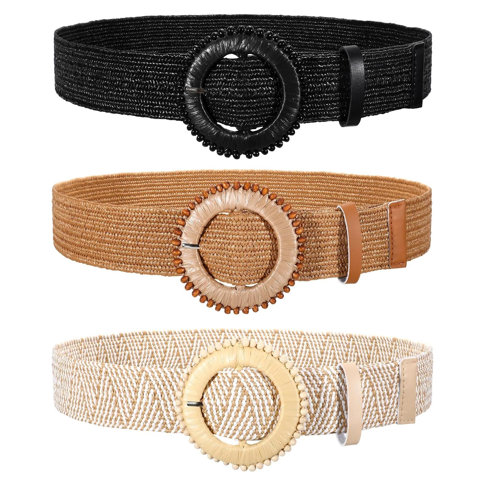Conjunto de 3 Cinturones Elásticos de Paja Tejida para Mujeres