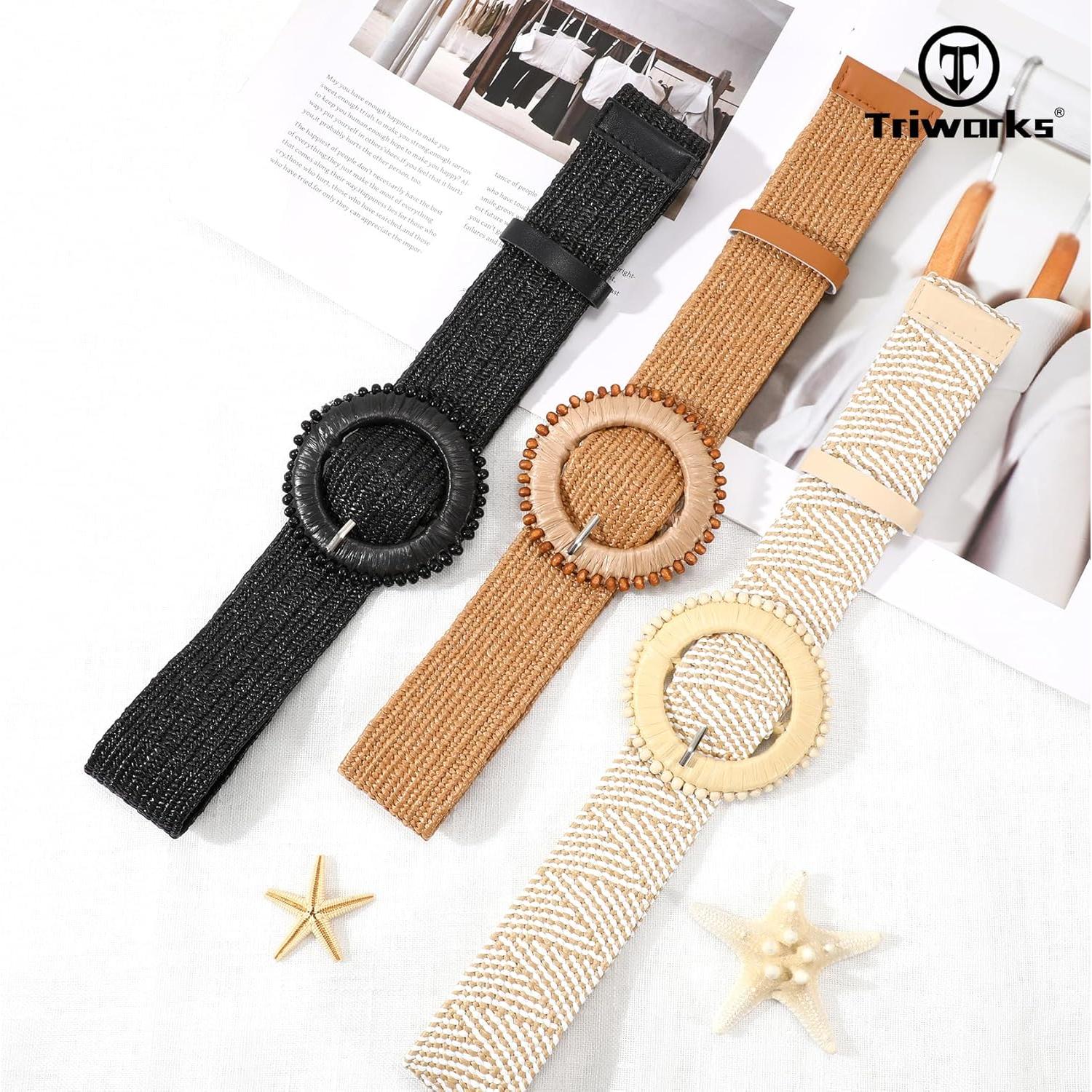 Conjunto de 3 Cinturones Elásticos de Paja Tejida para Mujeres