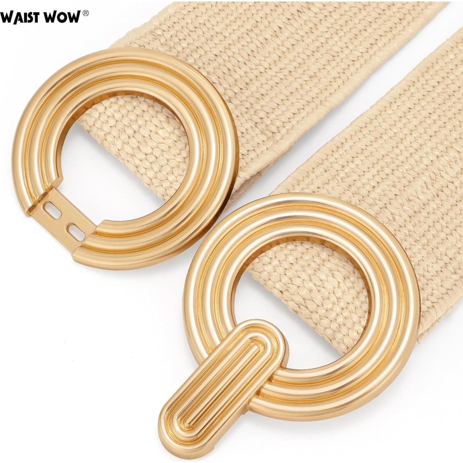 Cinturón Elástico de Paja Tejido para Mujeres - Hebilla Dorada