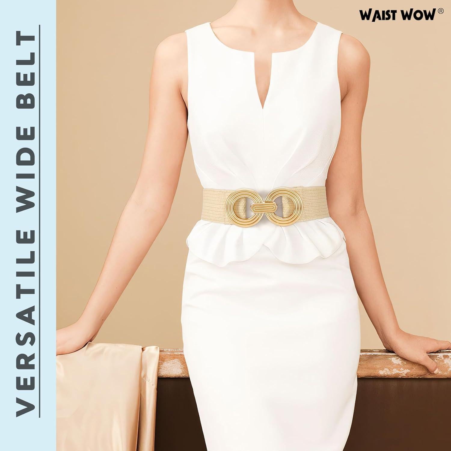 Cinturón Elástico de Paja Tejido para Mujeres - Hebilla Dorada