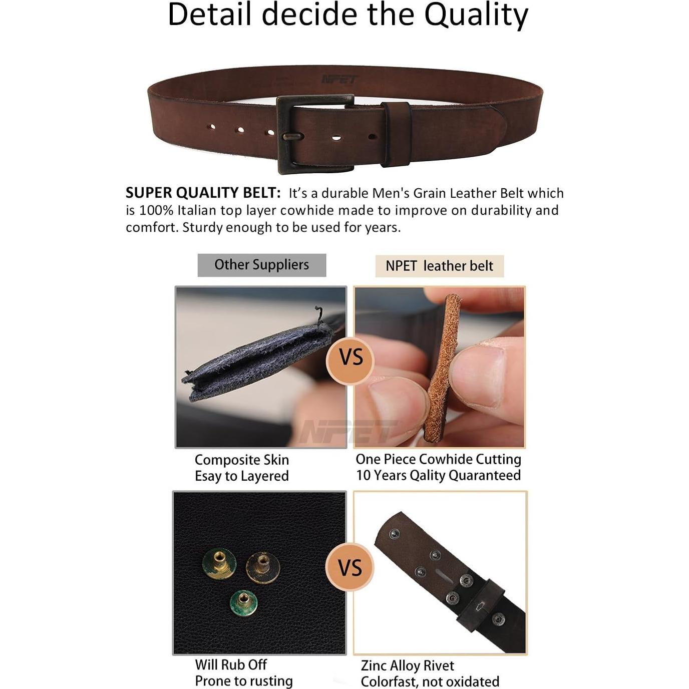 Cinturón de Cuero de Grano Completo NPET Vintage 3.81 cm