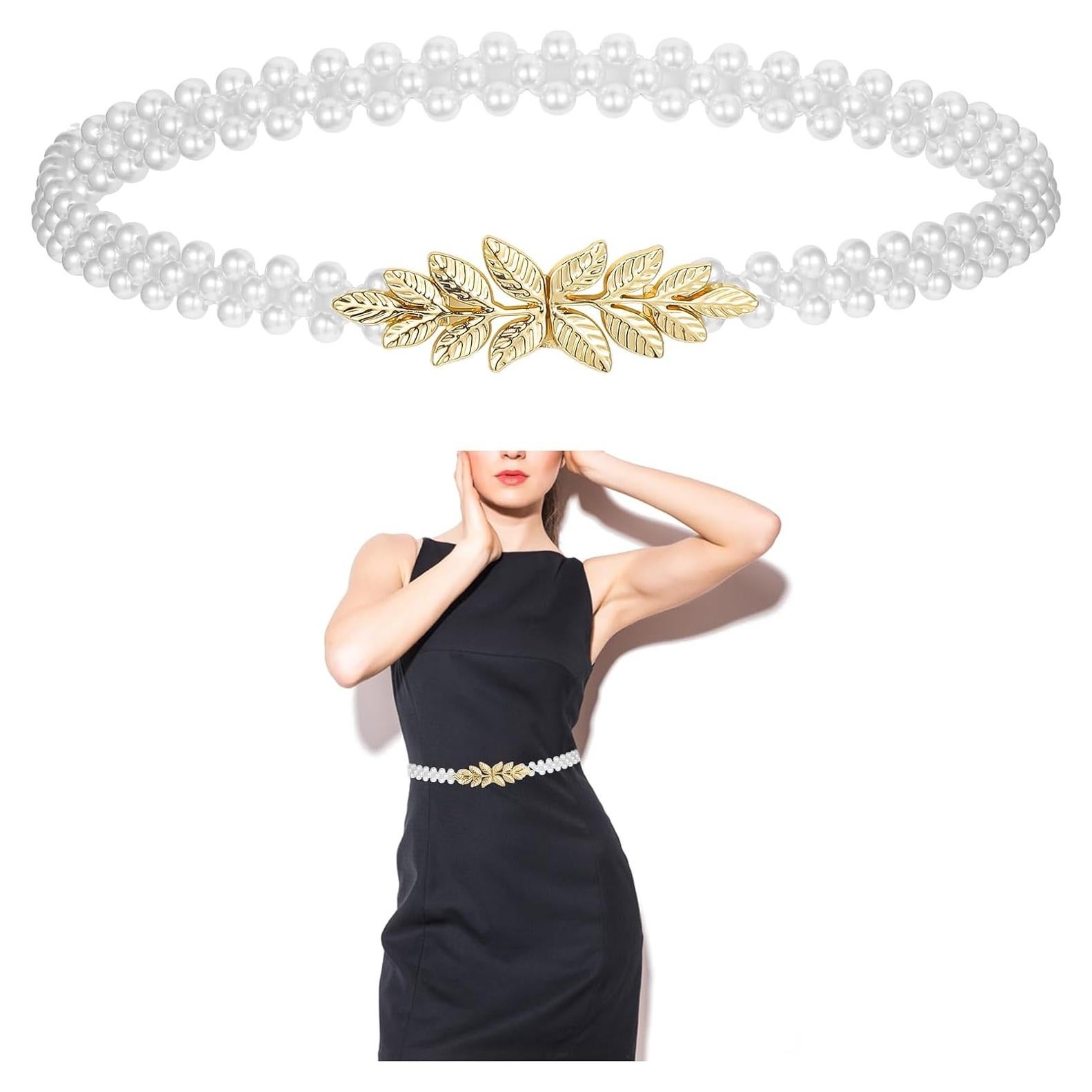 Cinturón Elástico de Perlas Doradas AOZUO 70cm Ajustable