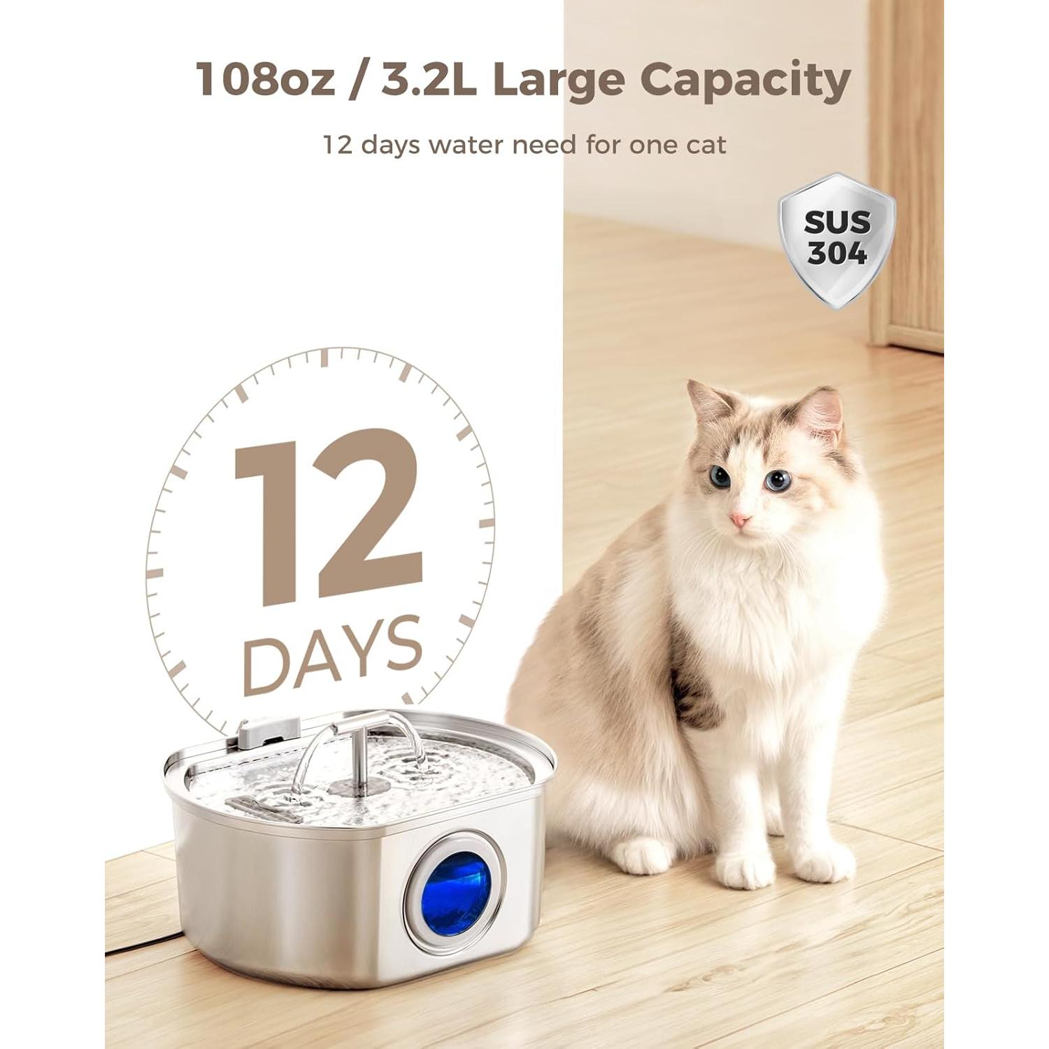 Fuente de Agua para Gatos Neareal 3.2L Acero Inoxidable con Filtros