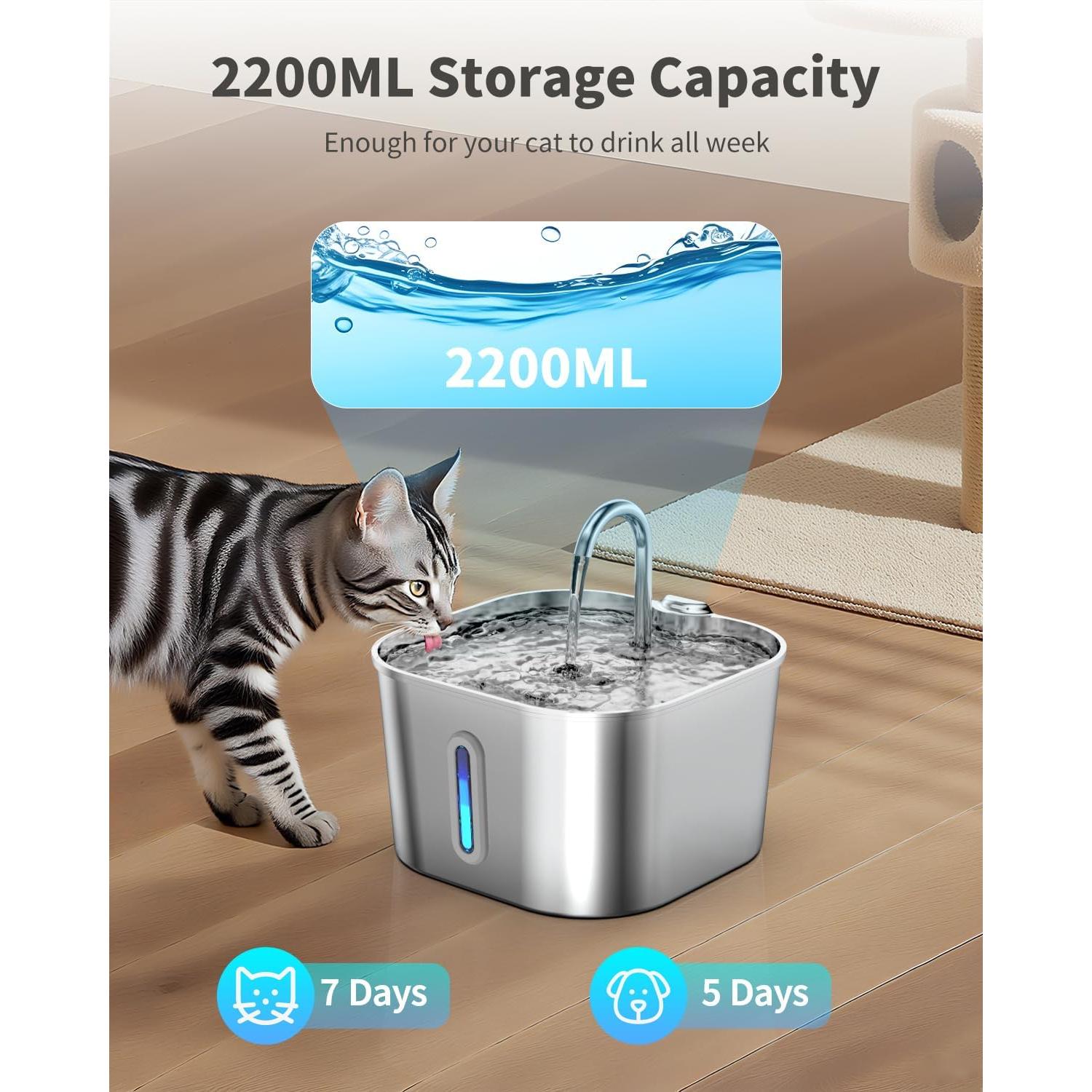 Fuente de Agua Automática para Gatos Lawfery 2.2L Acero Inoxidable