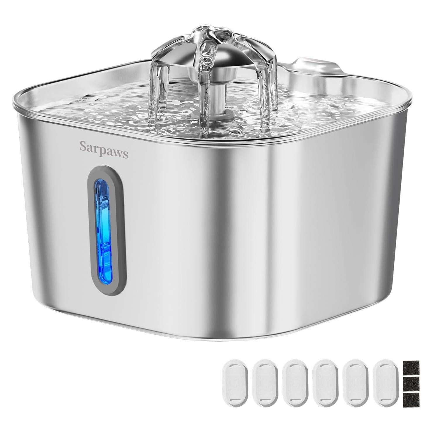 Fuente de Agua para Gatos Sarpaws 2.2L Acero Inoxidable Ultra-Silenciosa