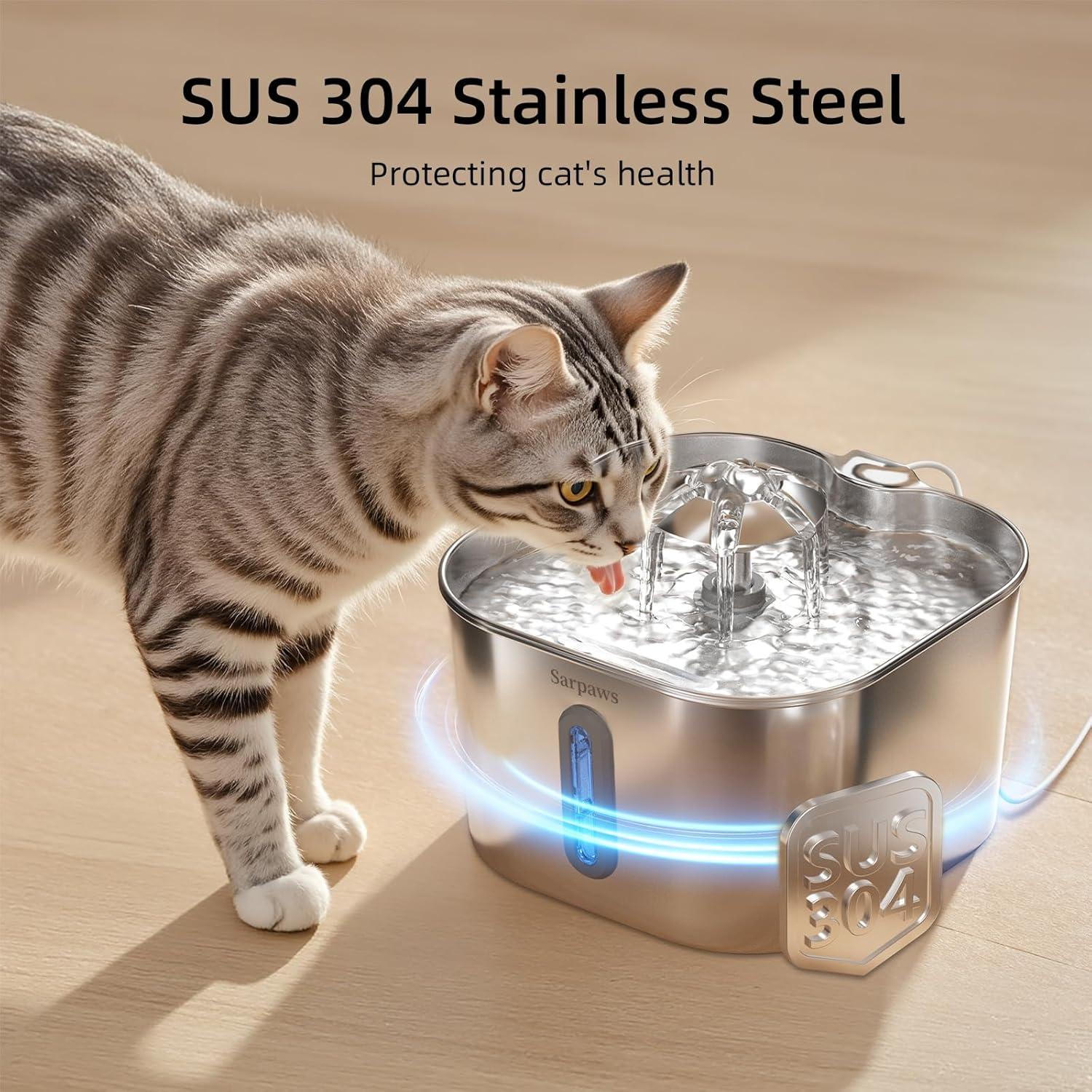 Fuente de Agua para Gatos Sarpaws 2.2L Acero Inoxidable Ultra-Silenciosa