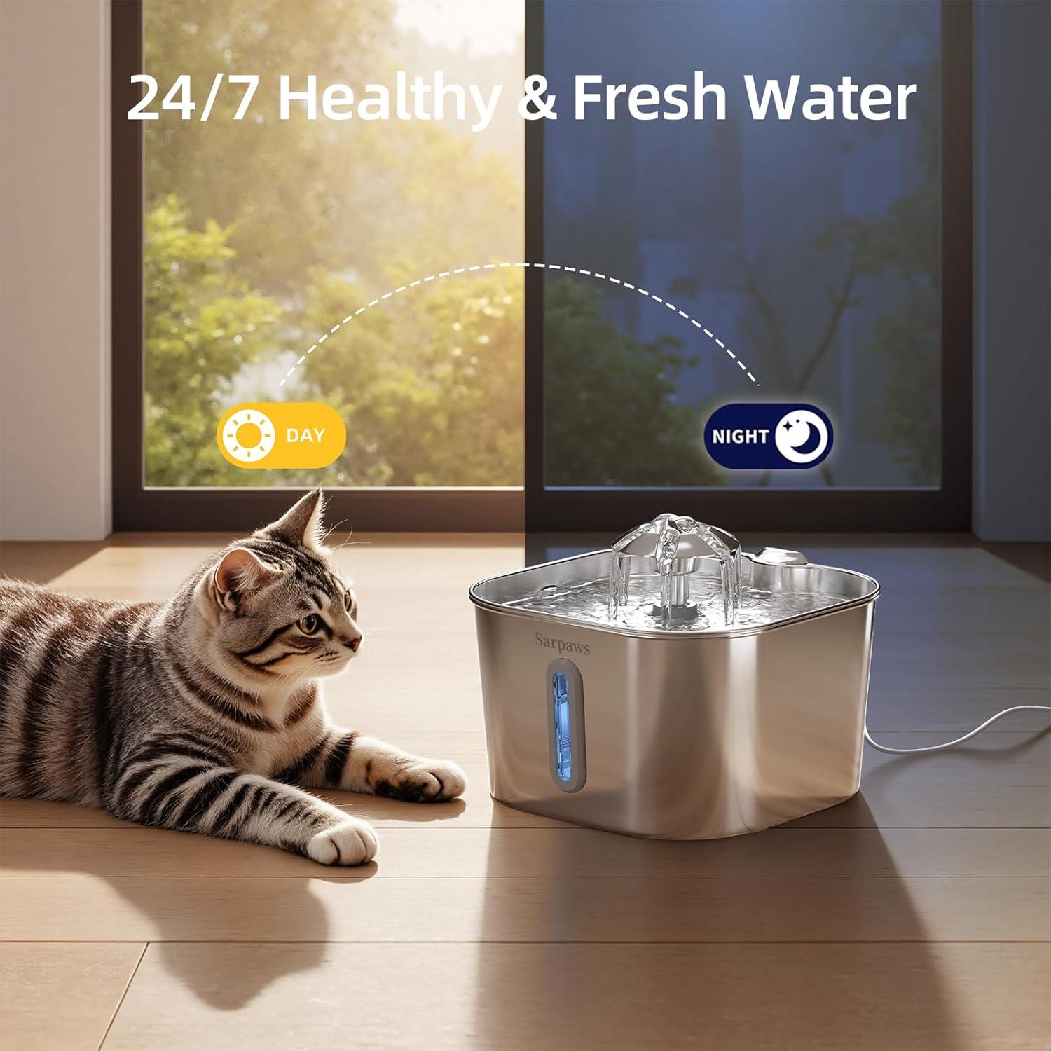 Fuente de Agua para Gatos Sarpaws 2.2L Acero Inoxidable Ultra-Silenciosa