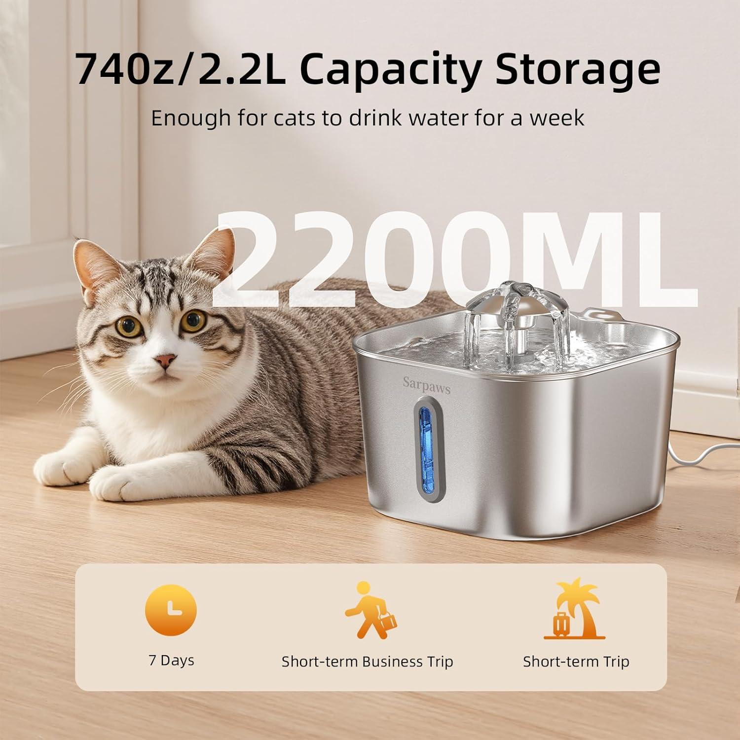 Fuente de Agua para Gatos Sarpaws 2.2L Acero Inoxidable Ultra-Silenciosa