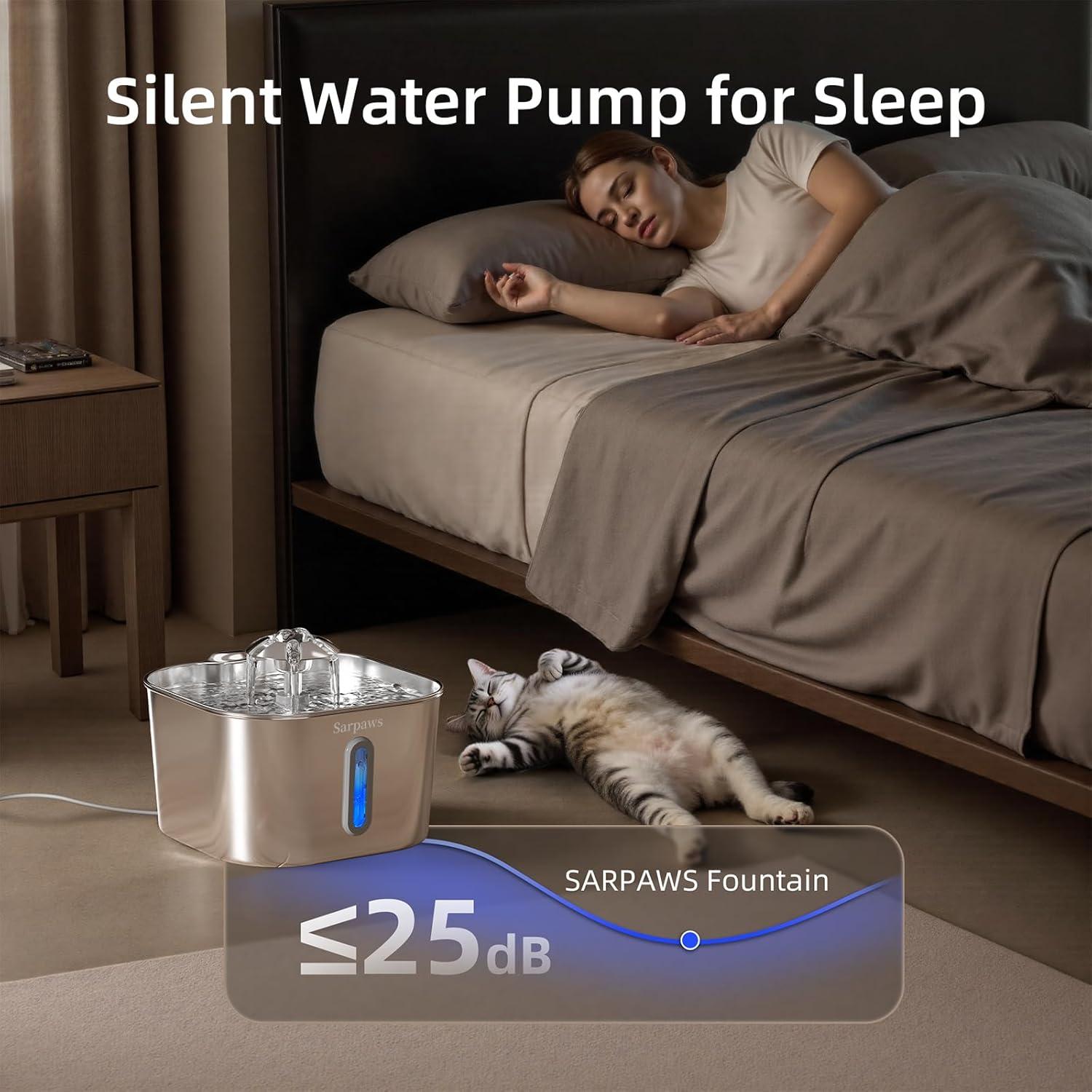 Fuente de Agua para Gatos Sarpaws 2.2L Acero Inoxidable Ultra-Silenciosa