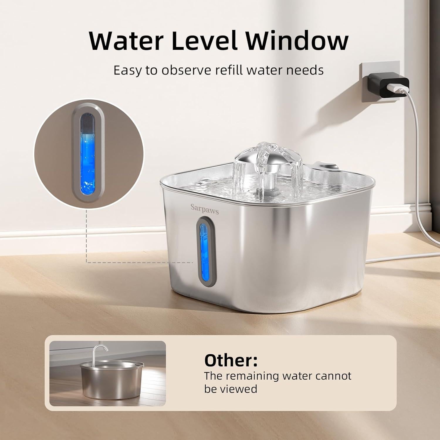 Fuente de Agua para Gatos Sarpaws 2.2L Acero Inoxidable Ultra-Silenciosa