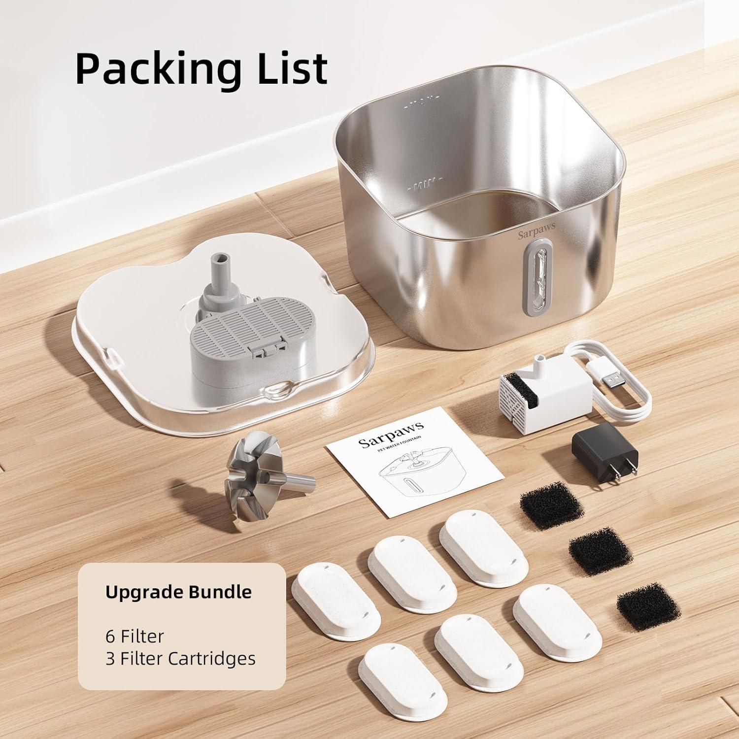 Fuente de Agua para Gatos Sarpaws 2.2L Acero Inoxidable Ultra-Silenciosa