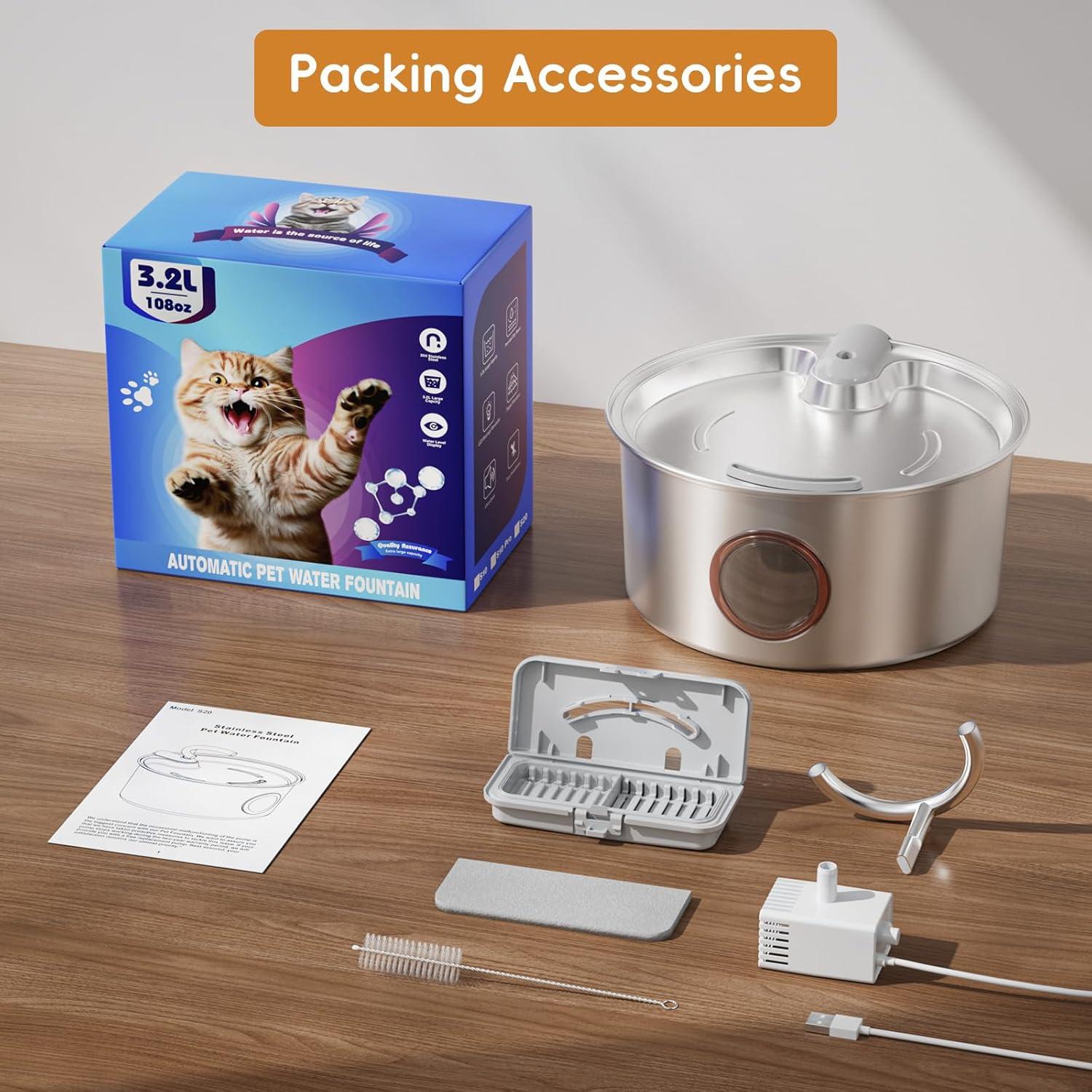 Fuente de Agua para Gatos Tomxcute Acero Inoxidable 3.2L