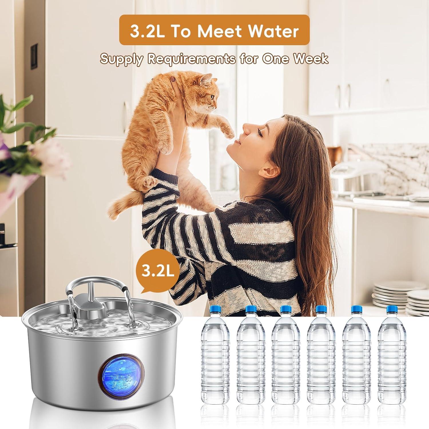 Fuente de Agua para Gatos Tomxcute Acero Inoxidable 3.2L