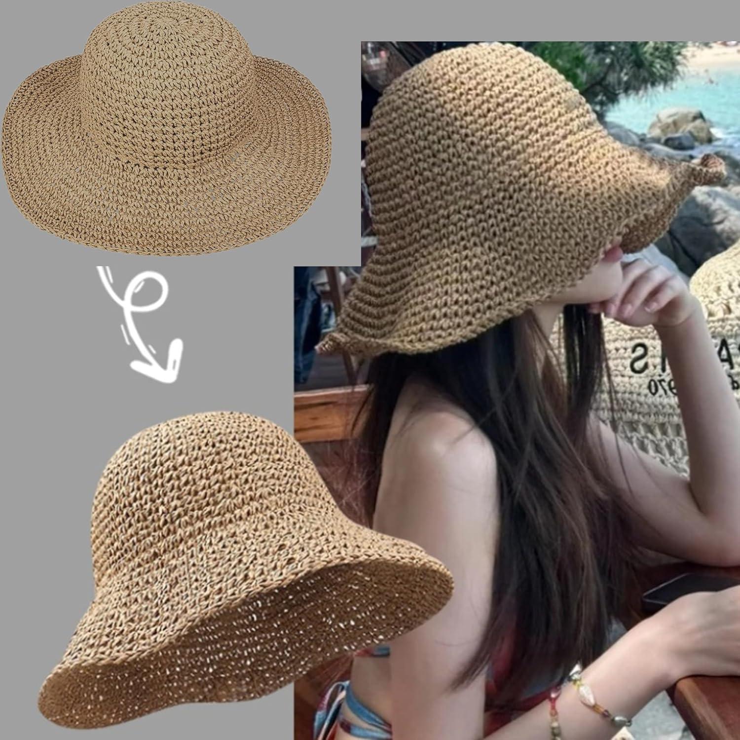 Sombrero de Paja Flexible para Mujeres - Verano Mediano Caqui