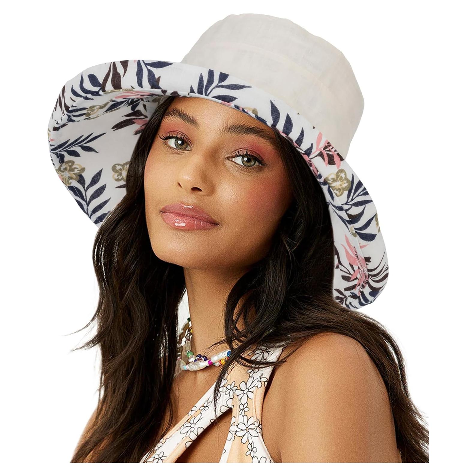 Sombrero de Sol Plegable Reversible Mujer Protección UV Beige Floral