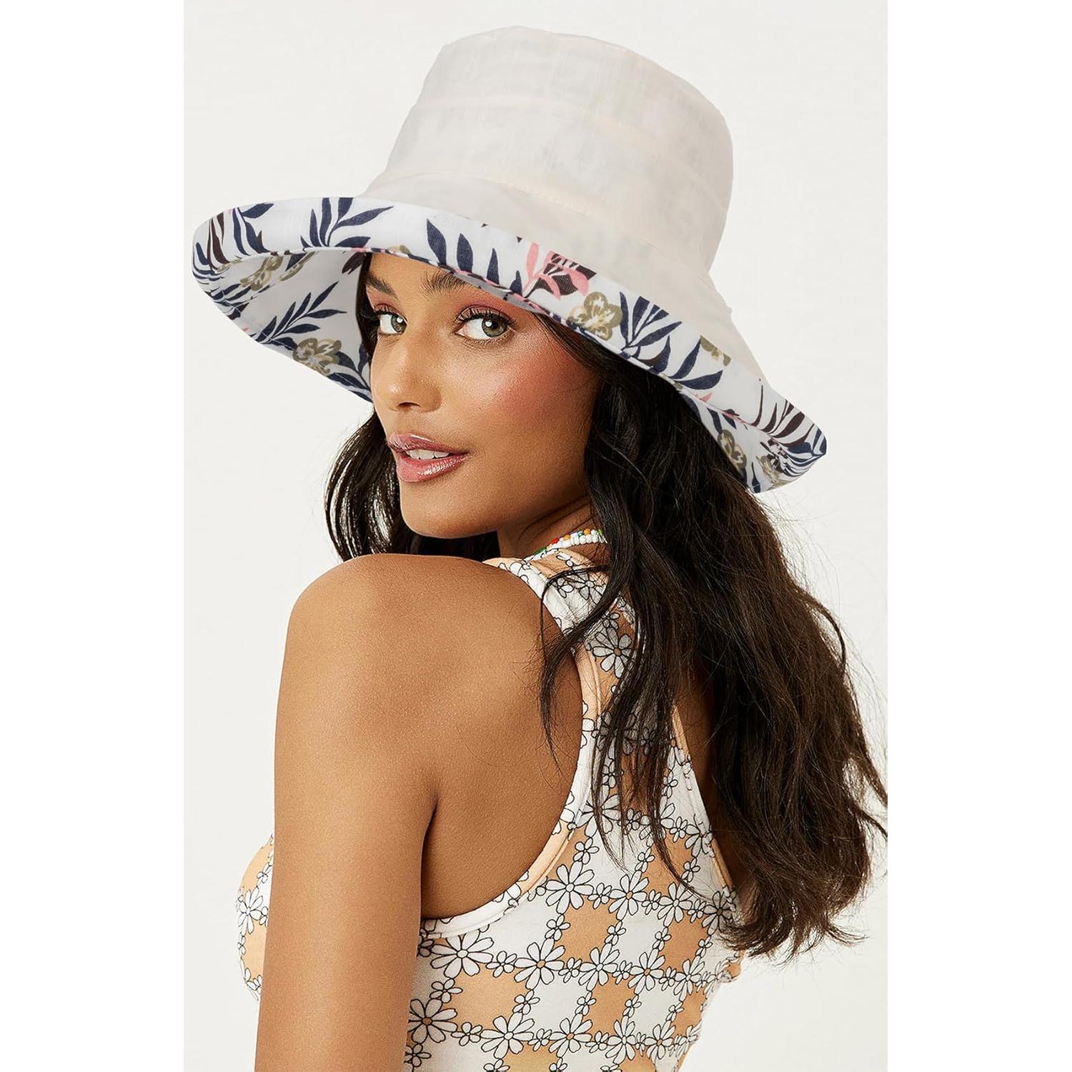 Sombrero de Sol Plegable Reversible Mujer Protección UV Beige Floral