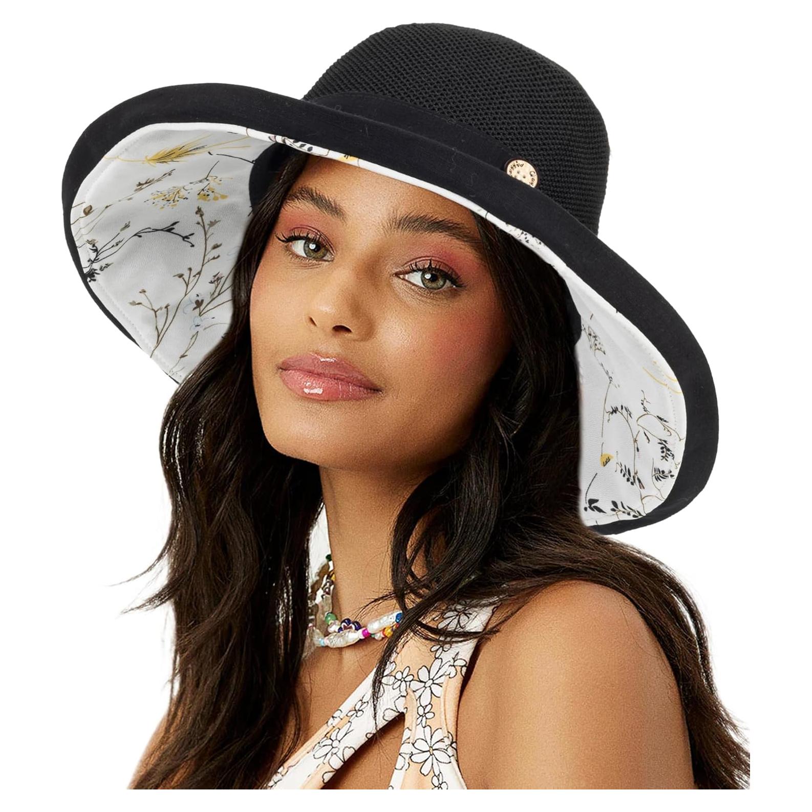 Sombrero de Sol Plegable UV para Mujeres - Floral Negro Mediano