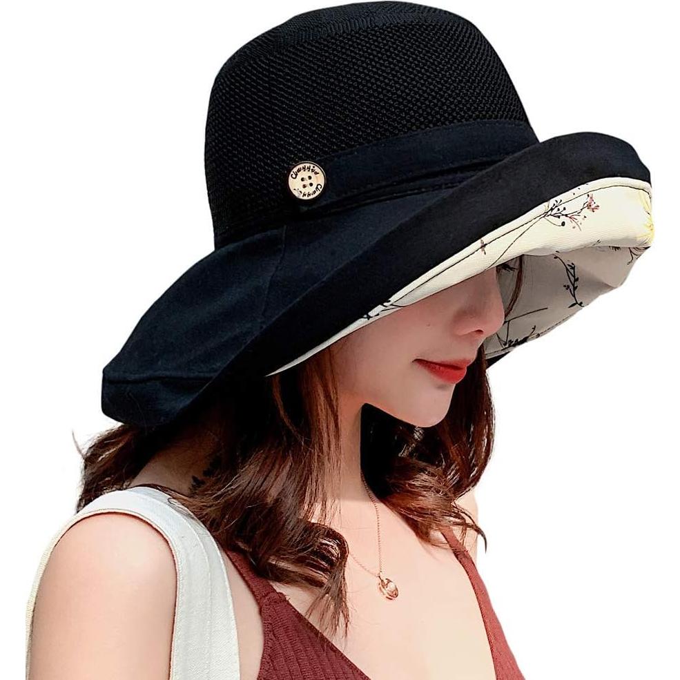 Sombrero de Sol Plegable UV para Mujeres - Floral Negro Mediano