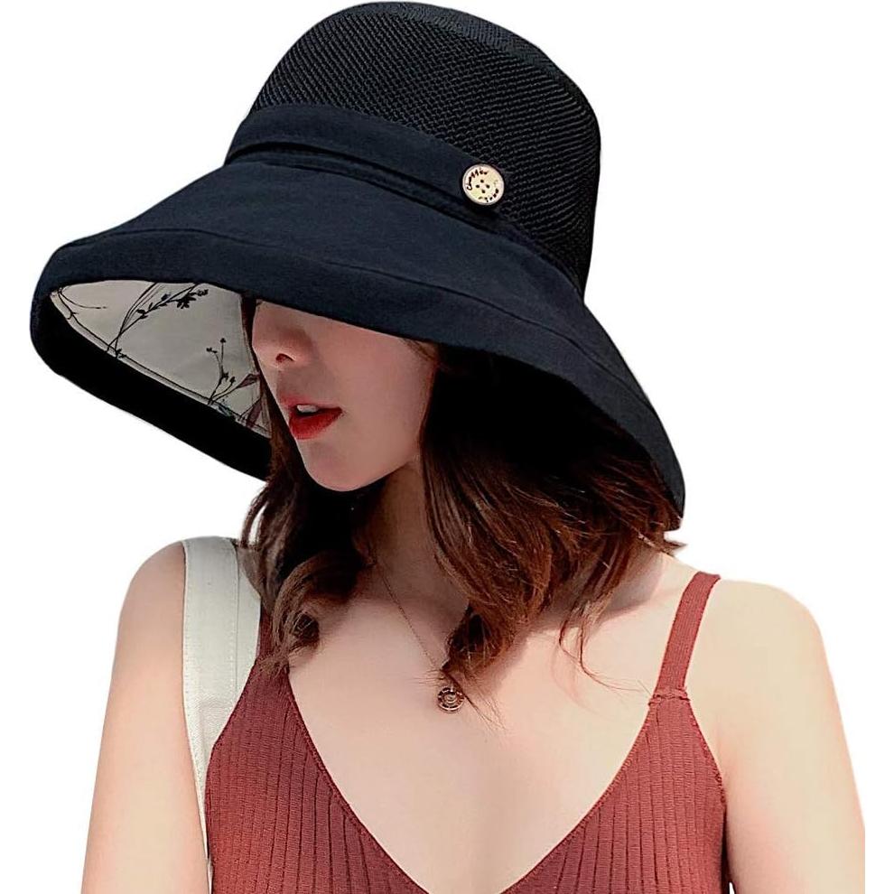 Sombrero de Sol Plegable UV para Mujeres - Floral Negro Mediano