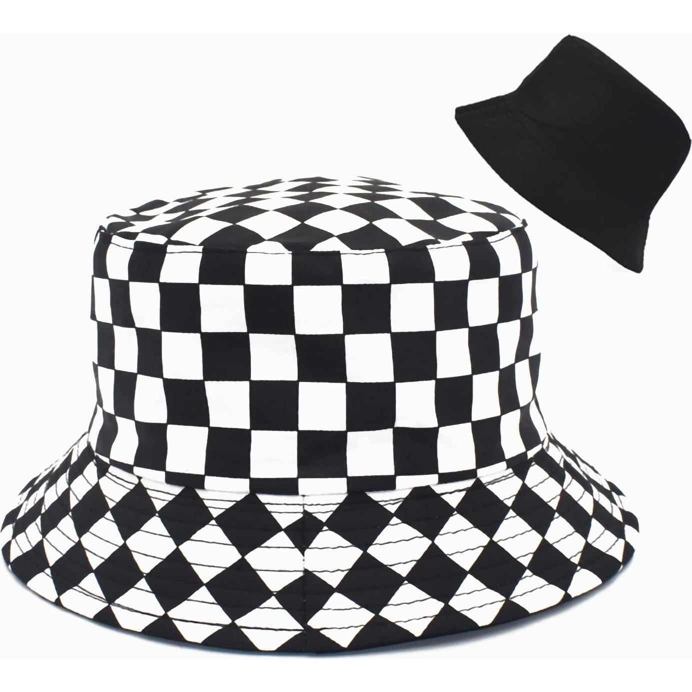 Sombrero de Cubo Reversible de Algodón Unisex - Cuadros Negros