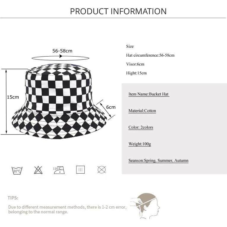 Sombrero de Cubo Reversible de Algodón Unisex - Cuadros Negros