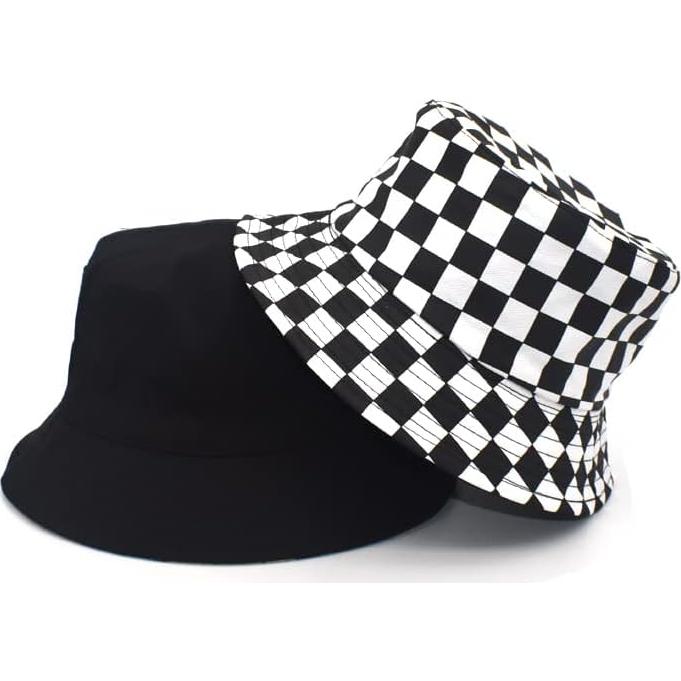 Sombrero de Cubo Reversible de Algodón Unisex - Cuadros Negros