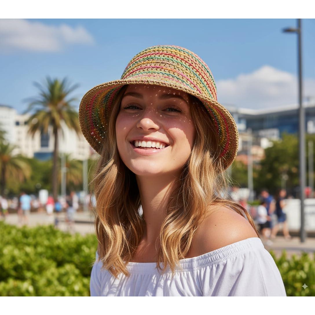 Sombrero de sol de paja tejido para mujer - Plegable Caqui