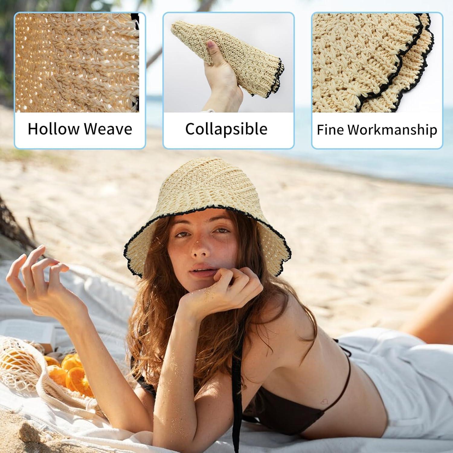 Sombrero de Cubo Plegable de Paja para Mujeres - Beige