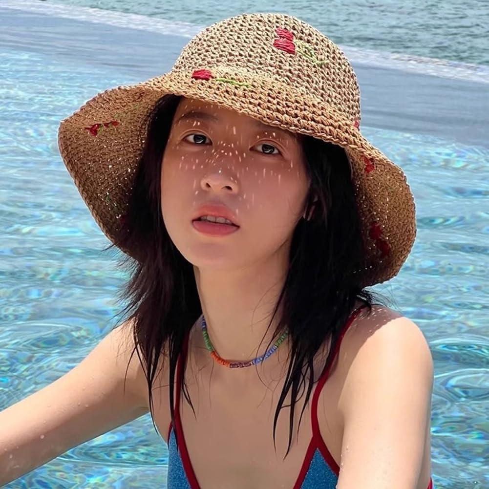 Sombrero de Paja Floppy Mujer UPF 50+ Floral Plegable 56cm