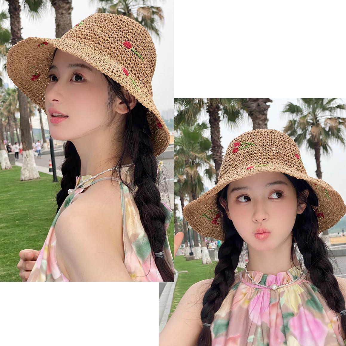 Sombrero de Paja Floppy Mujer UPF 50+ Floral Plegable 56cm