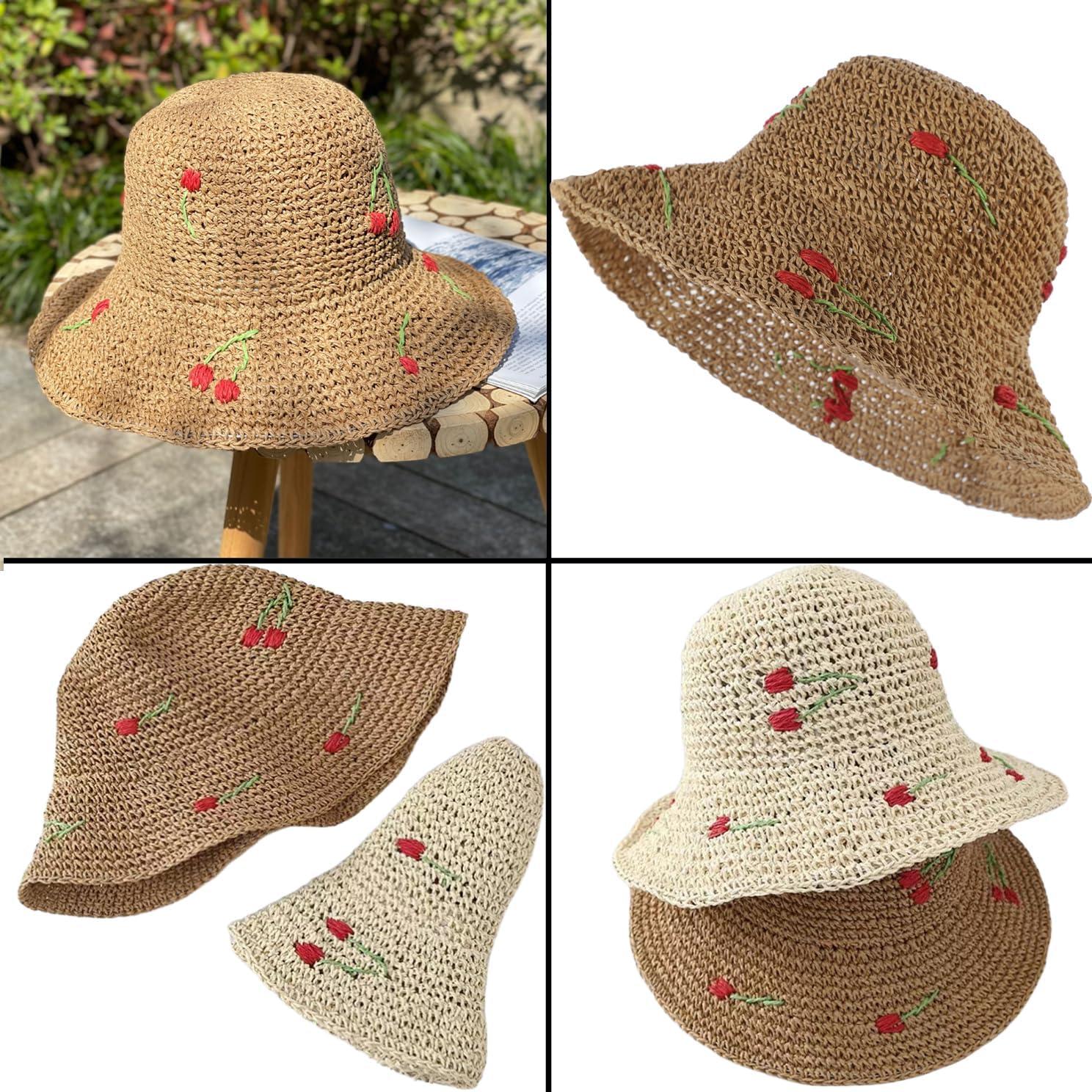 Sombrero de Paja Floppy Mujer UPF 50+ Floral Plegable 56cm