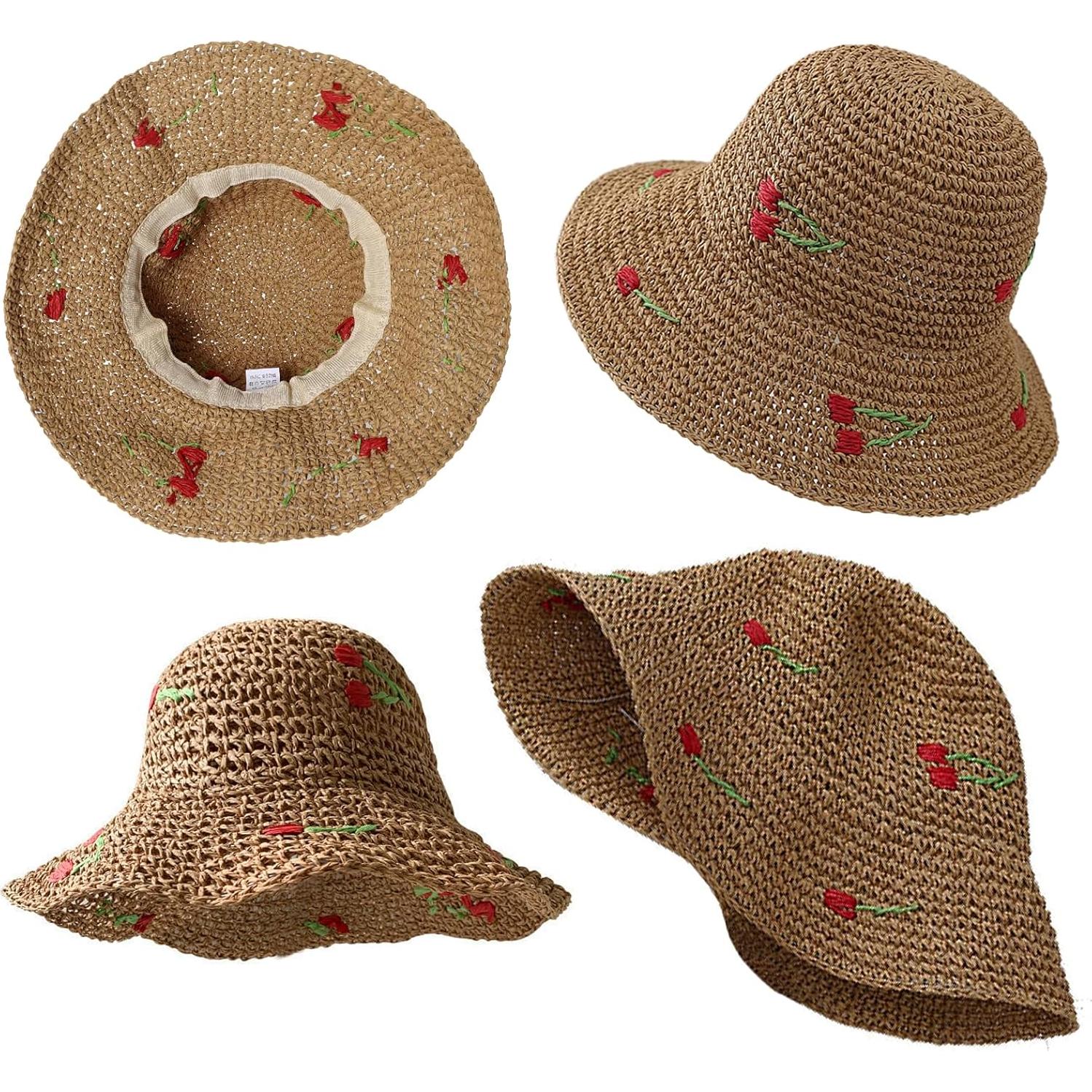 Sombrero de Paja Floppy Mujer UPF 50+ Floral Plegable 56cm