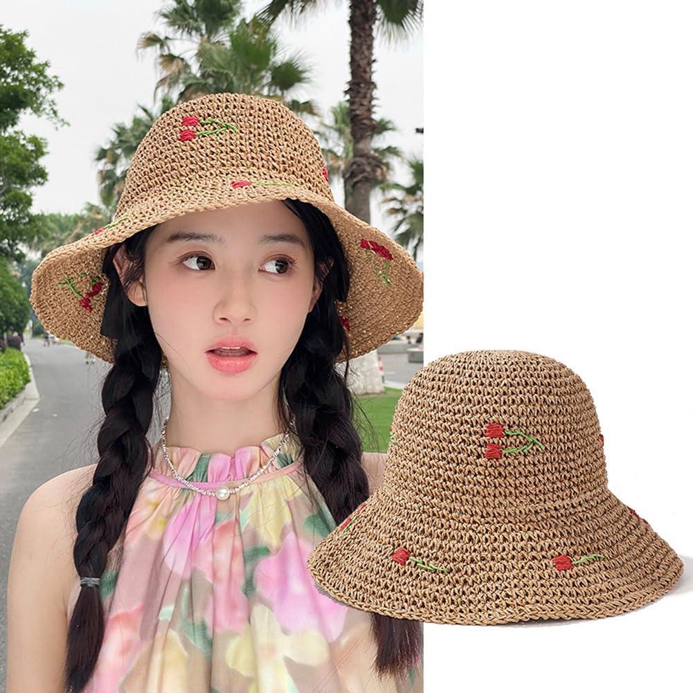 Sombrero de Paja Floppy Mujer UPF 50+ Floral Plegable 56cm
