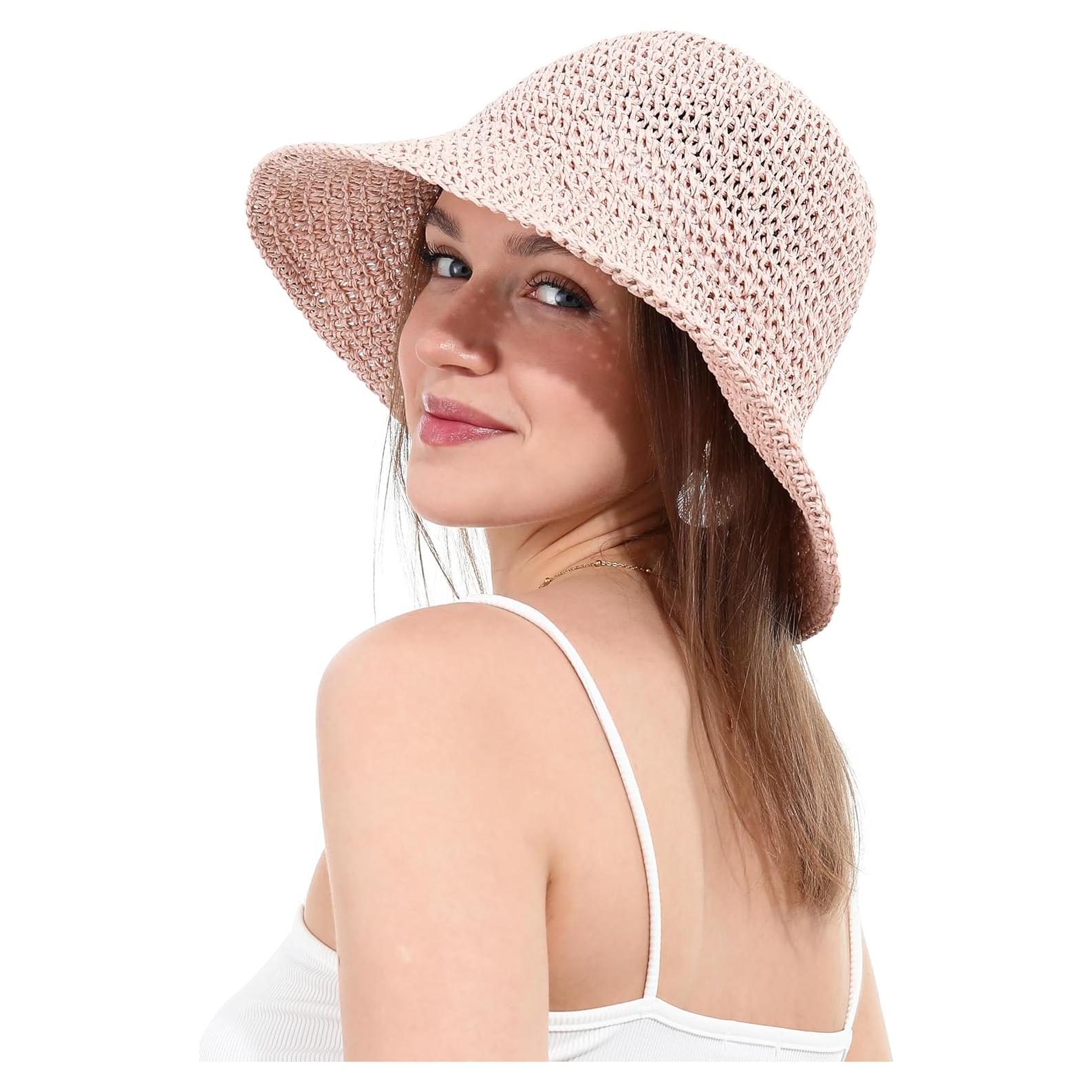 Sombrero de Paja para Mujer Plegable UV UPF 50+ Rosa