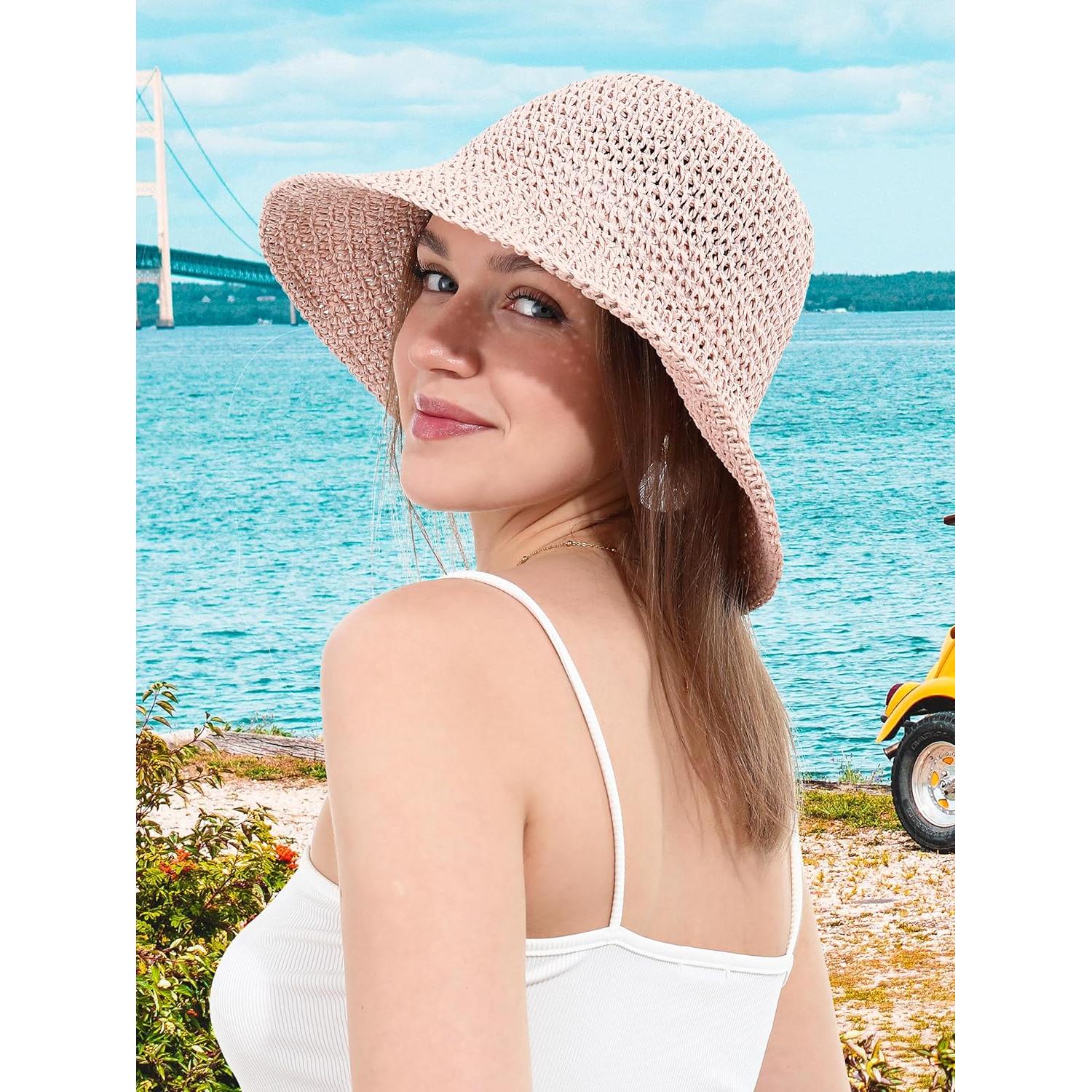 Sombrero de Paja para Mujer Plegable UV UPF 50+ Rosa