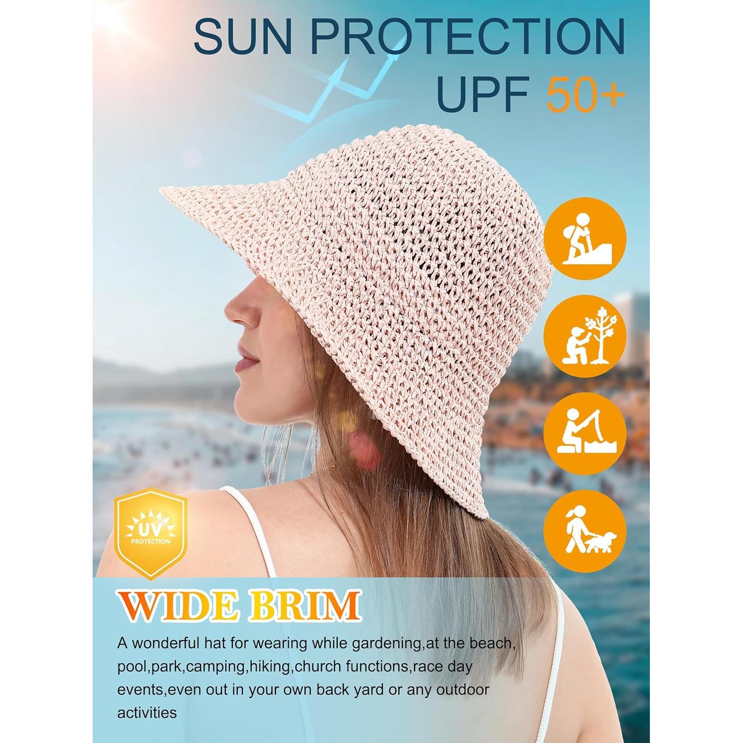 Sombrero de Paja para Mujer Plegable UV UPF 50+ Rosa