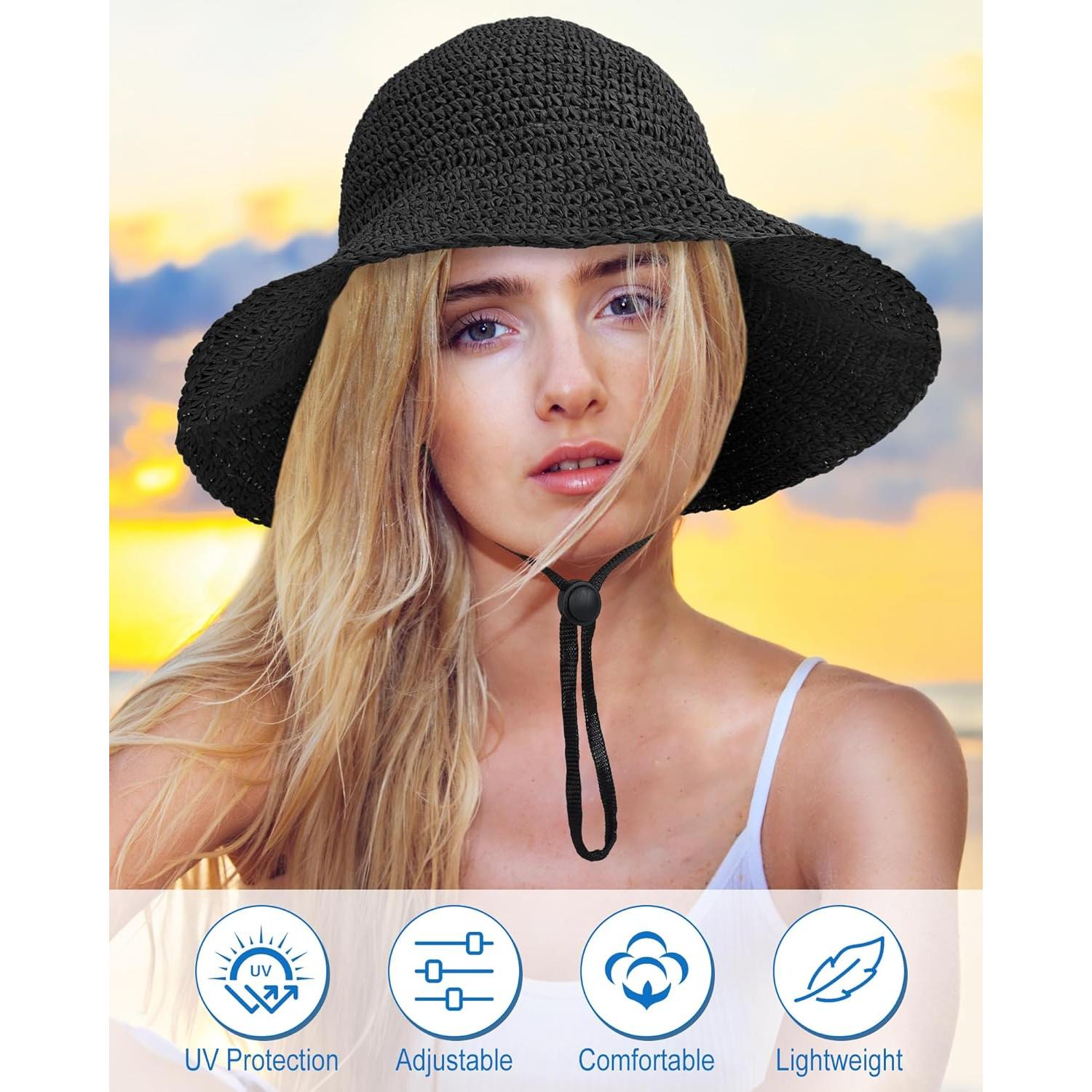 Sombrero de sol de paja para mujer Senker Fashion ajustable UPF 50+