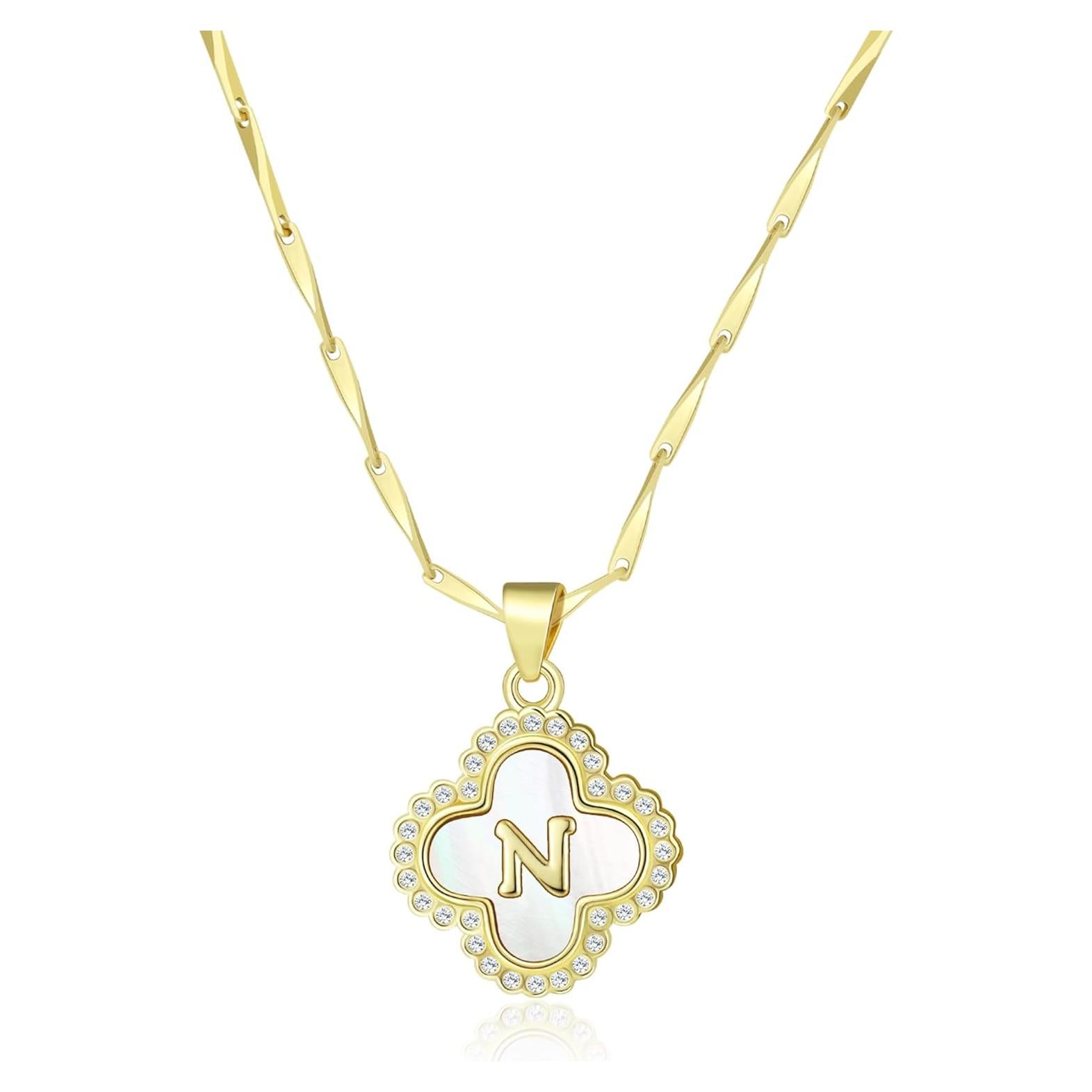 Collar de Inicial Letra N LETFLY con Trébol de 4 Hojas 14K