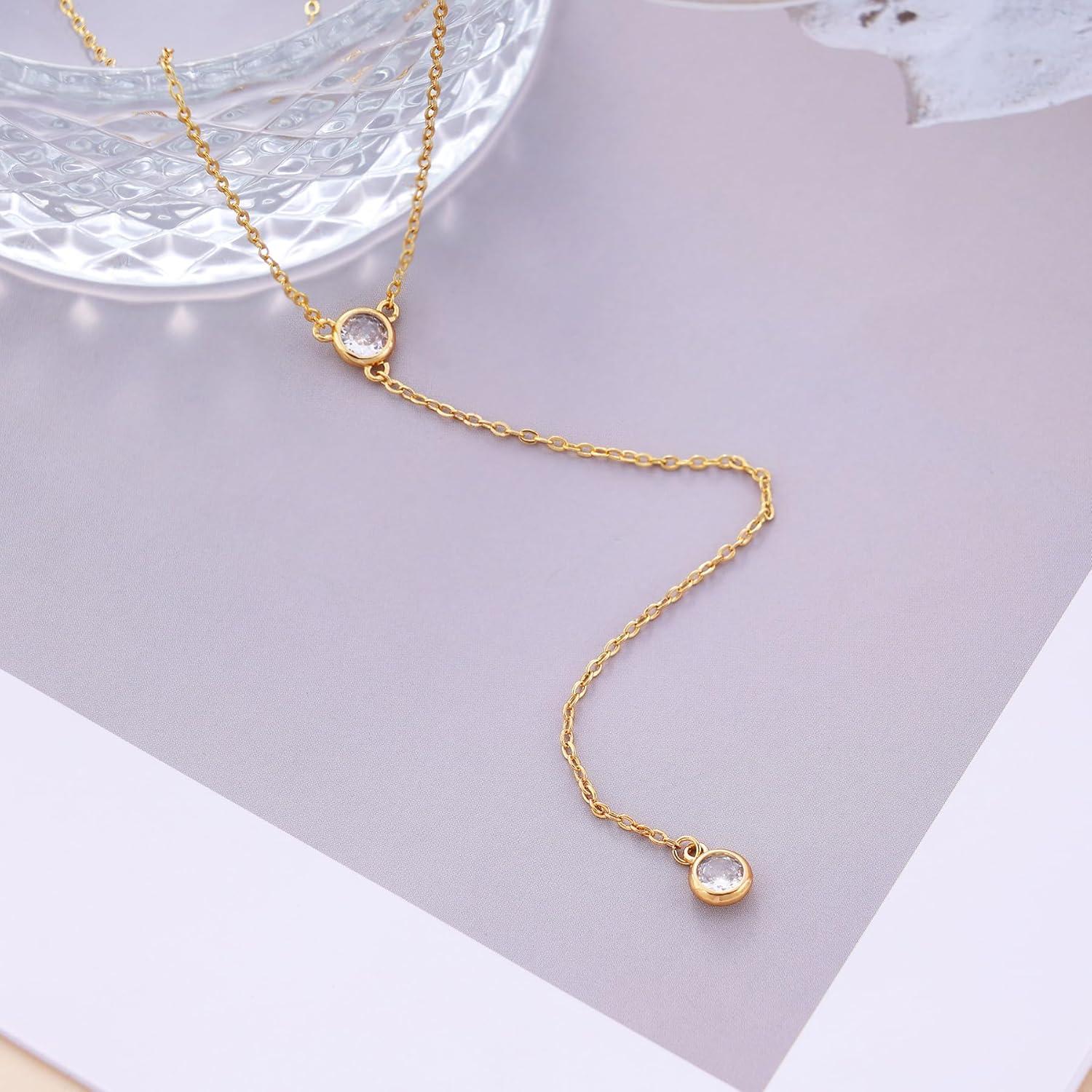 Collar Lariat de Oro Chapado 14k Fwlisesa con CZ 42 cm